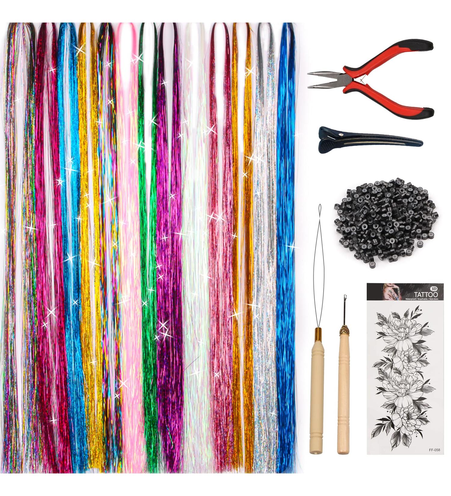 SYGY Hair Tinsel Kit - 13 Colors Tinsel Hair Extensions for Women & Girls | Heat Resistant Glitter Sparkling Shiny | 2400 Strands 40 Inches | Halloween Cosplay New Year Party | 1 Set of Tools - Buy Online on GoSupps.com