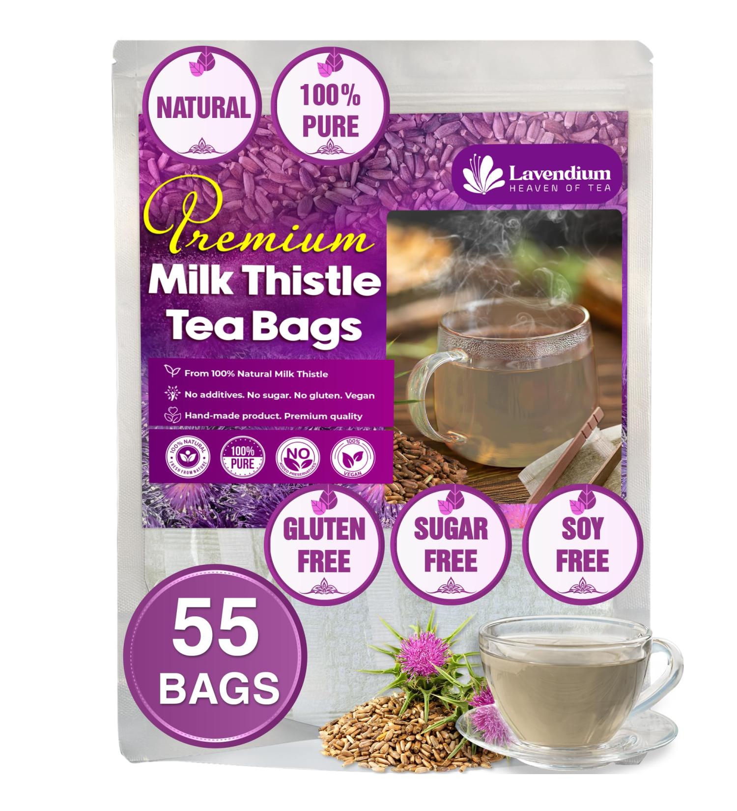 Lavendium Premium 55 Milk Thistle Tea Bags 100% Natural & Pure from Milk Thistle Seeds. Milk Thistle Herbal Tea. Made with Natural Material Tea Bags. No Sugar No Caffeine No Gluten Vegan. CA - Buy Online on GoSupps.com