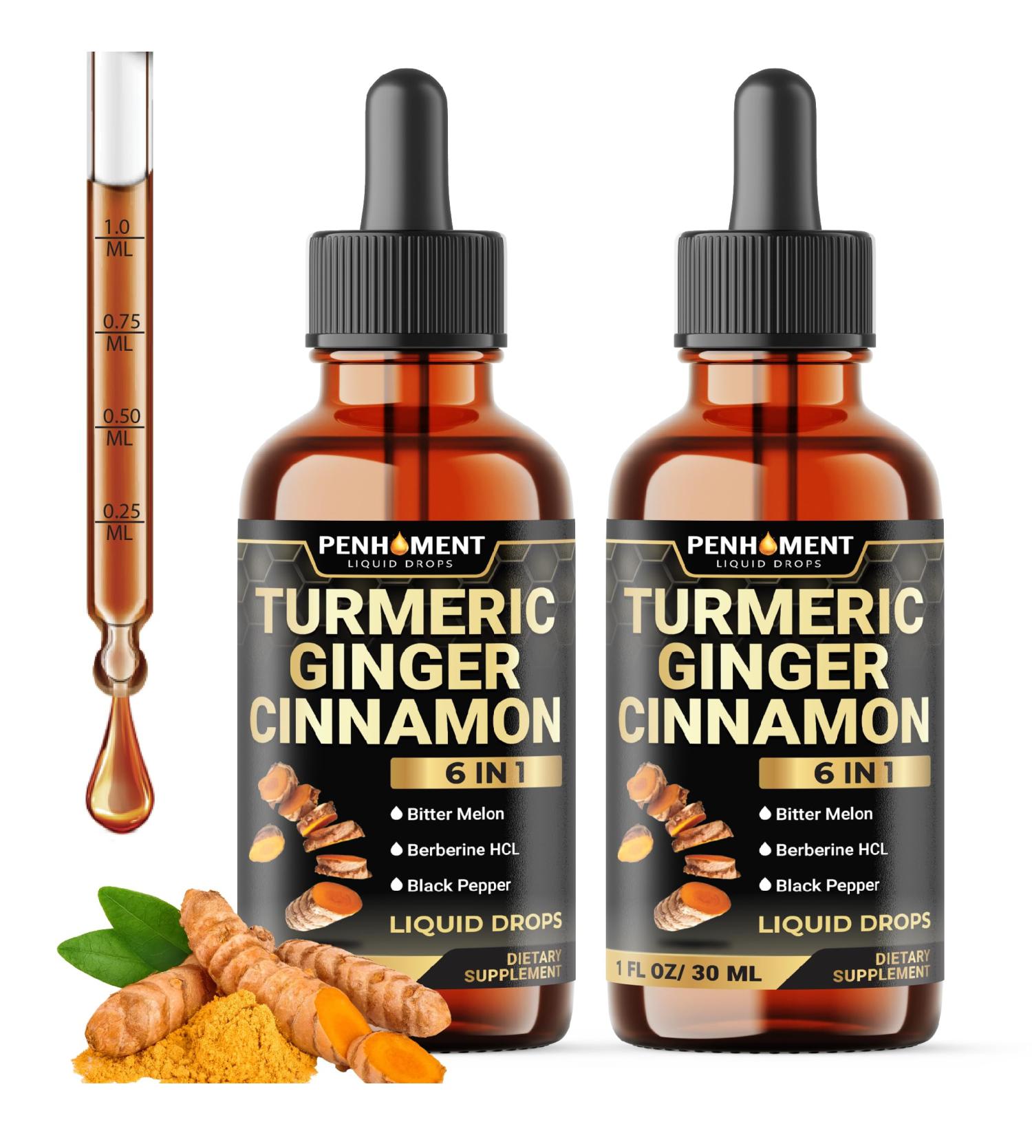 6in1 Liquid Turmeric Curcumin with Ginger, Berberine, Ceylon Cinnamon, Bitter Melon, Black Pepper - Drops Extract for Joint Support - 2Packs of 1 Fl Oz 1 Fl Oz (Pack of 2) - Buy Online on GoSupps.com