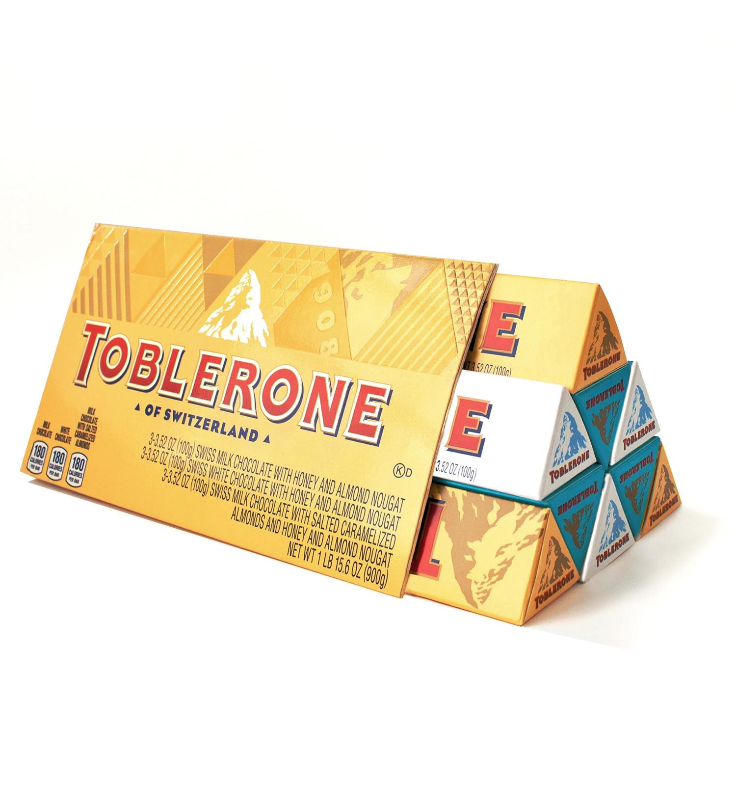 Toblerone Swiss Chocolate Gift Set - Milk, White, and Salted Caramel Almond Variety Pack - 9 Bars, 3.52 oz Each - Buy Online on GoSupps.com