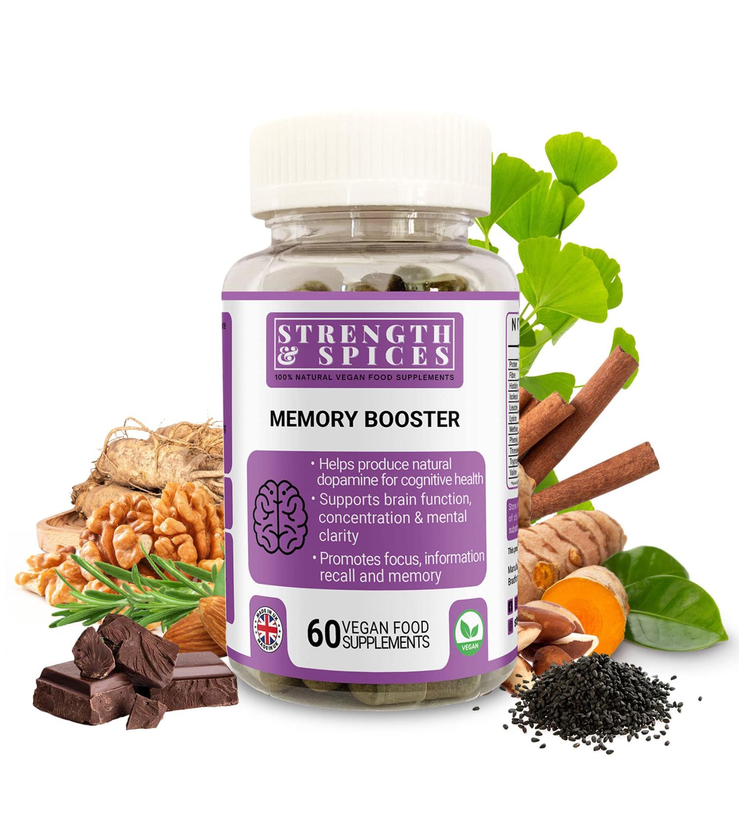 Strength & Spices Memory Booster and Focus Supplement with Ginkgo Biloba and 22 Super Ingredients Plant-Based Brain Supplement for Improved Mood Clarity and Alertness 1000mg 60 Capsules Jar - Buy Online on GoSupps.com