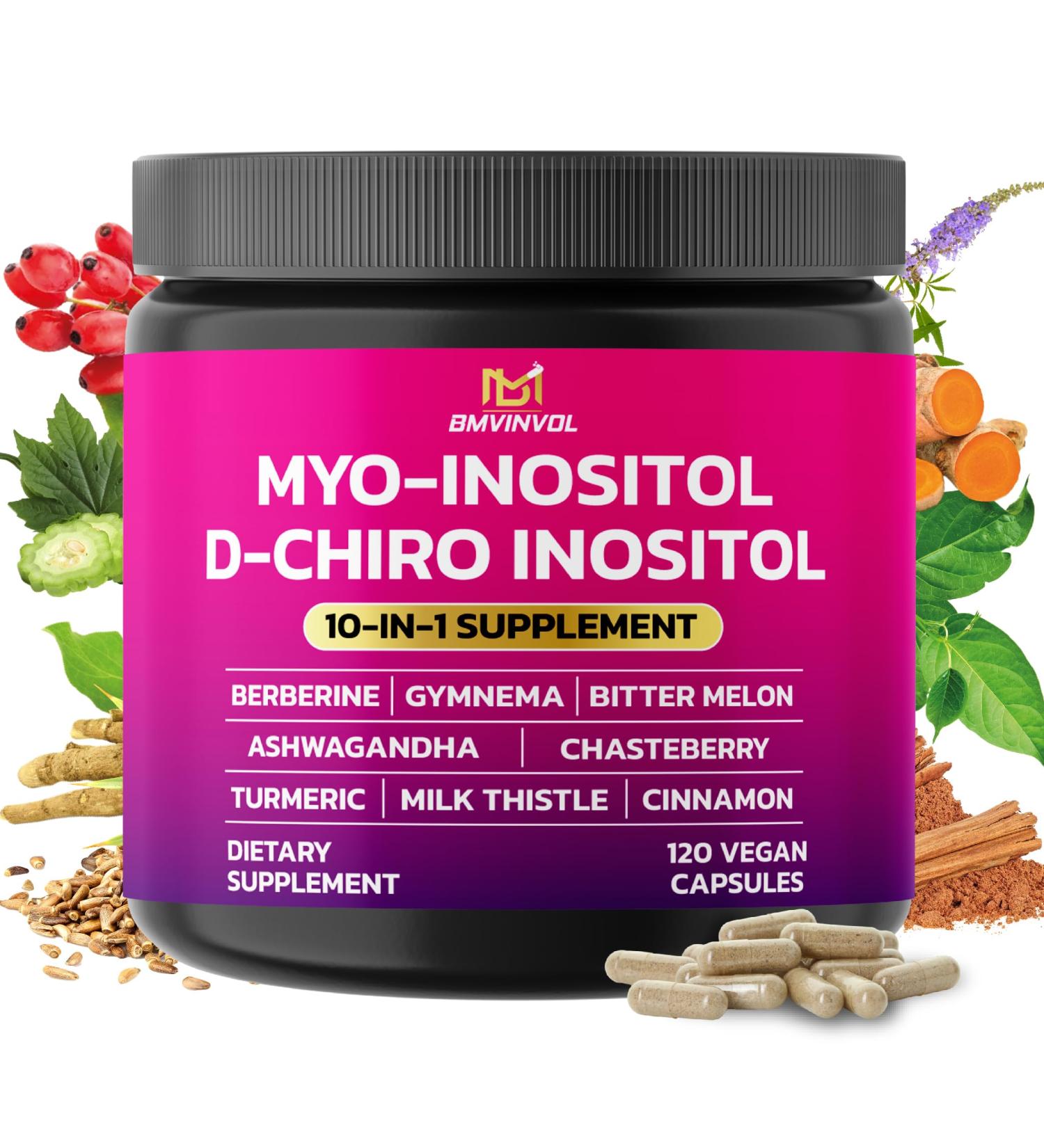 BMVINVOL Inositol Supplement - Myo-Inositol and D-Chiro Inositol Ideal 40:1 Ratio - Plus Berberine Cinnamon Ashwagandha + 5 More - 120 Capsules - Buy Online on GoSupps.com