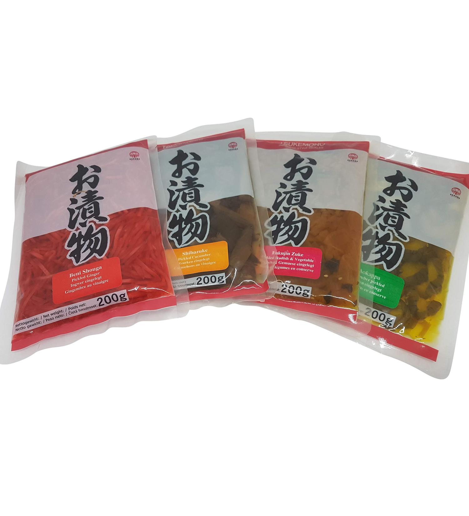 Tsukemono 4er Set Benishouga Beni-Shoga pickled ginger pencils Aokappa Kappazuke cucumber fukujinzuke Shibazuke Tsukemono inserted Japanese vegetables 4 x 200g