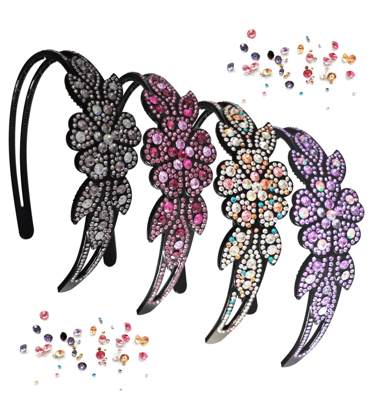 4 Piece Flower Rhinestone Headband Set for Women and Girls - Crystal Beaded Hairbands in Gray Purple - Non-Slip Double Row Design - Buy Online on GoSupps.com