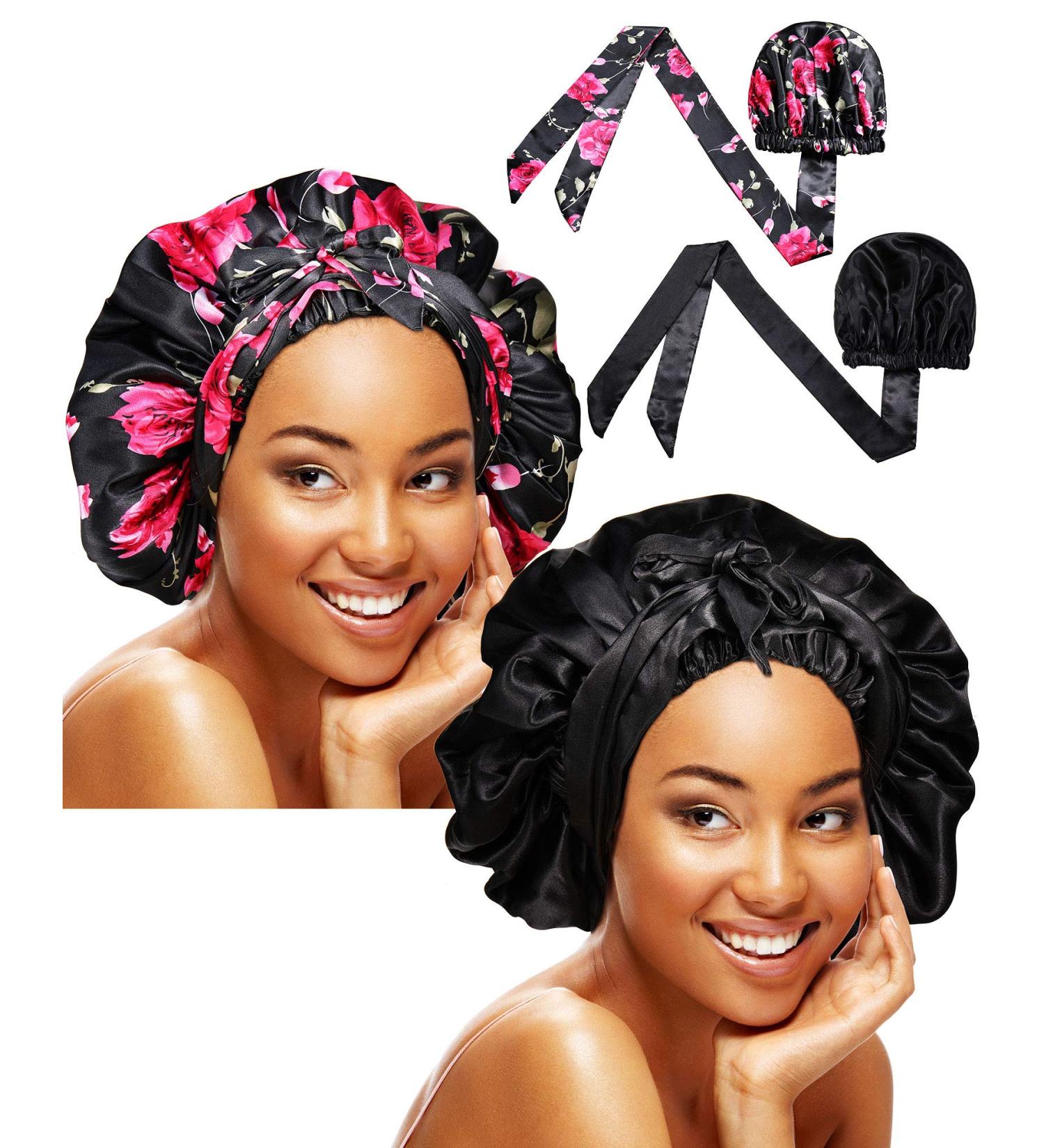 Soft Satin Head Scarf Sleeping Cap - 2 pc Set for Women with Long Curly Hair, Braids - Chic Pattern Headwear - Buy Online on GoSupps.com