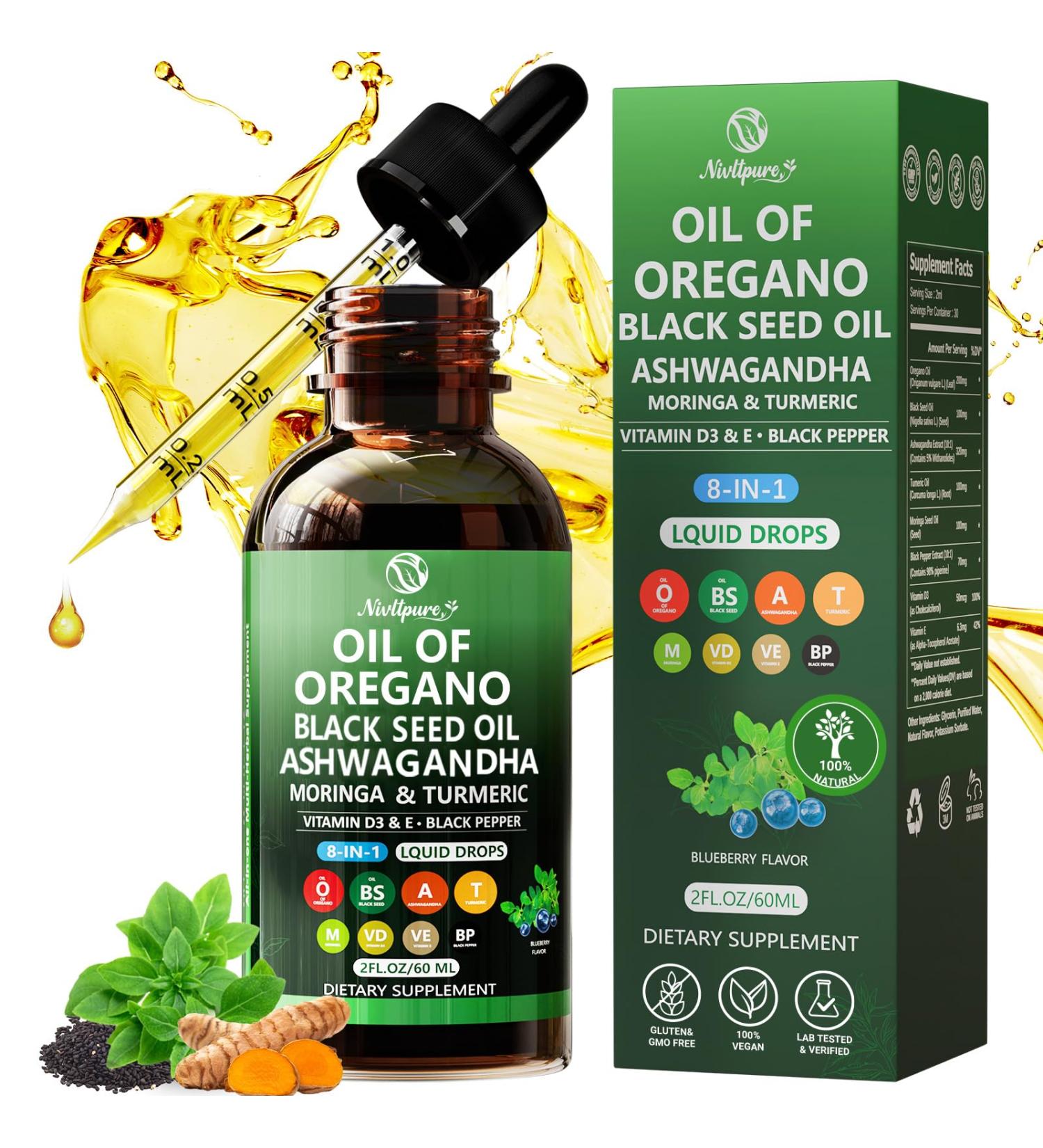 Oil of Oregano with Black Seed Oil | 8 in 1 Organic Oregano Oil Drops with Ashwagandha Moringa & Turmeric | Natural Herbal Supplements for Immune Support & Stress Relief | Vegan Friendly 2 Fl Oz - Buy Online on GoSupps.com