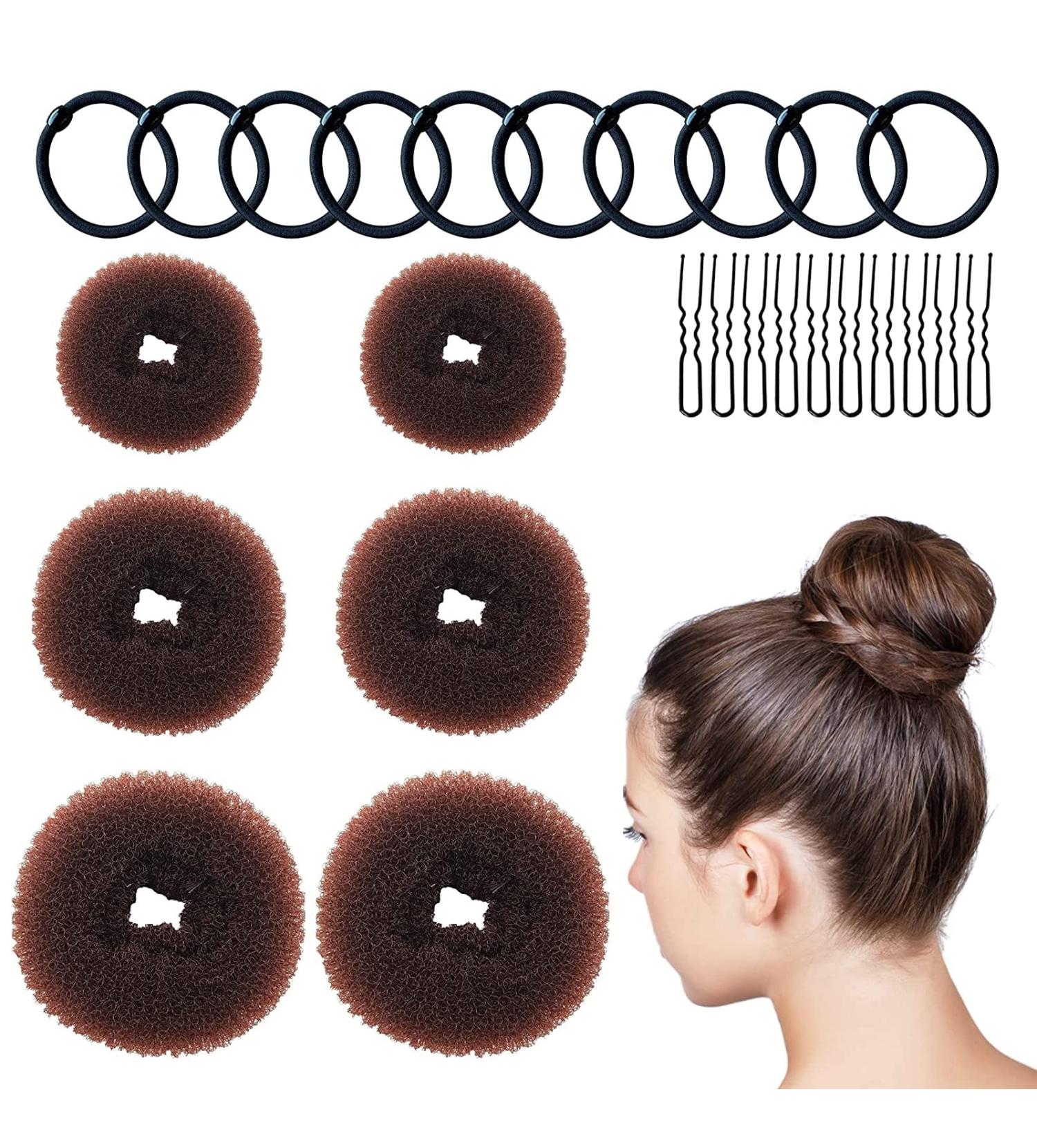 Vegcoo 6-Piece Donut Hair Bun Maker Set - Dutt Pillow with 10 Elastic Bands & 10 U-Shaped Hairpins for Kids & Girls - Brown Nylon Hair Accessories - Buy Online on GoSupps.com