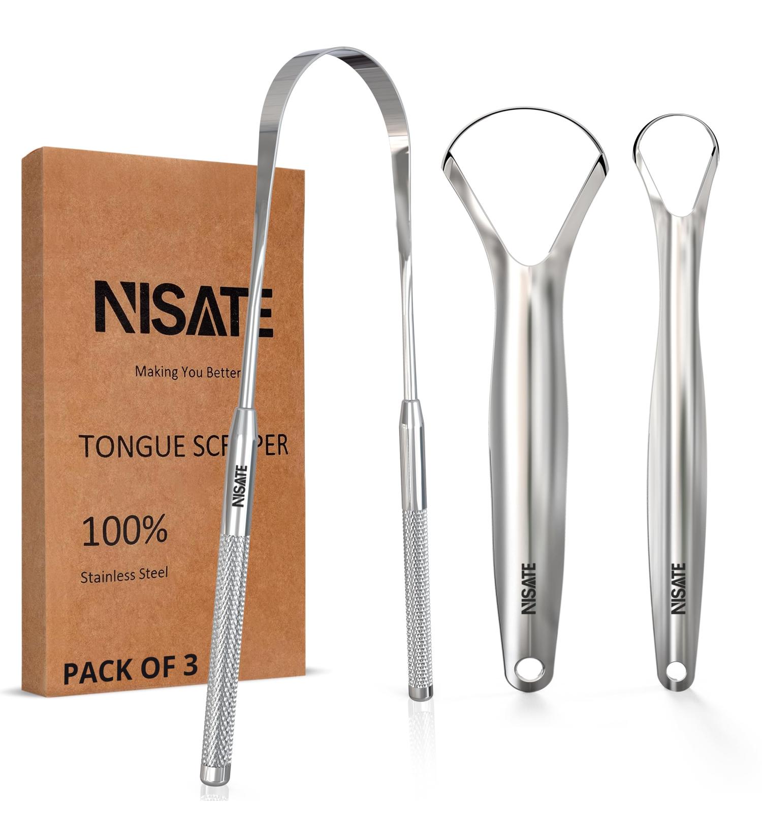 Nisate Tongue Scrapers - 100% Stainless Steel Oral Health Tool | Prevent Bad Breath | Set of 3 Hollow Shaped Metal Tongue Cleaners with Blunt Edges - Buy Online on GoSupps.com