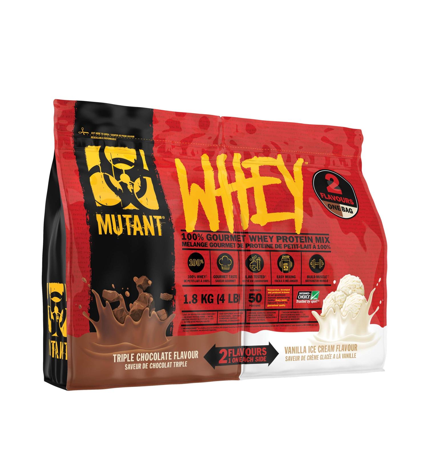 Mutant Whey Protein Powder - Muscle-Building Formula with Enzymes | 1.8kg Double Chamber Chocolate & Vanilla Ice Cream Flavor - International Shipping - Buy Online on GoSupps.com