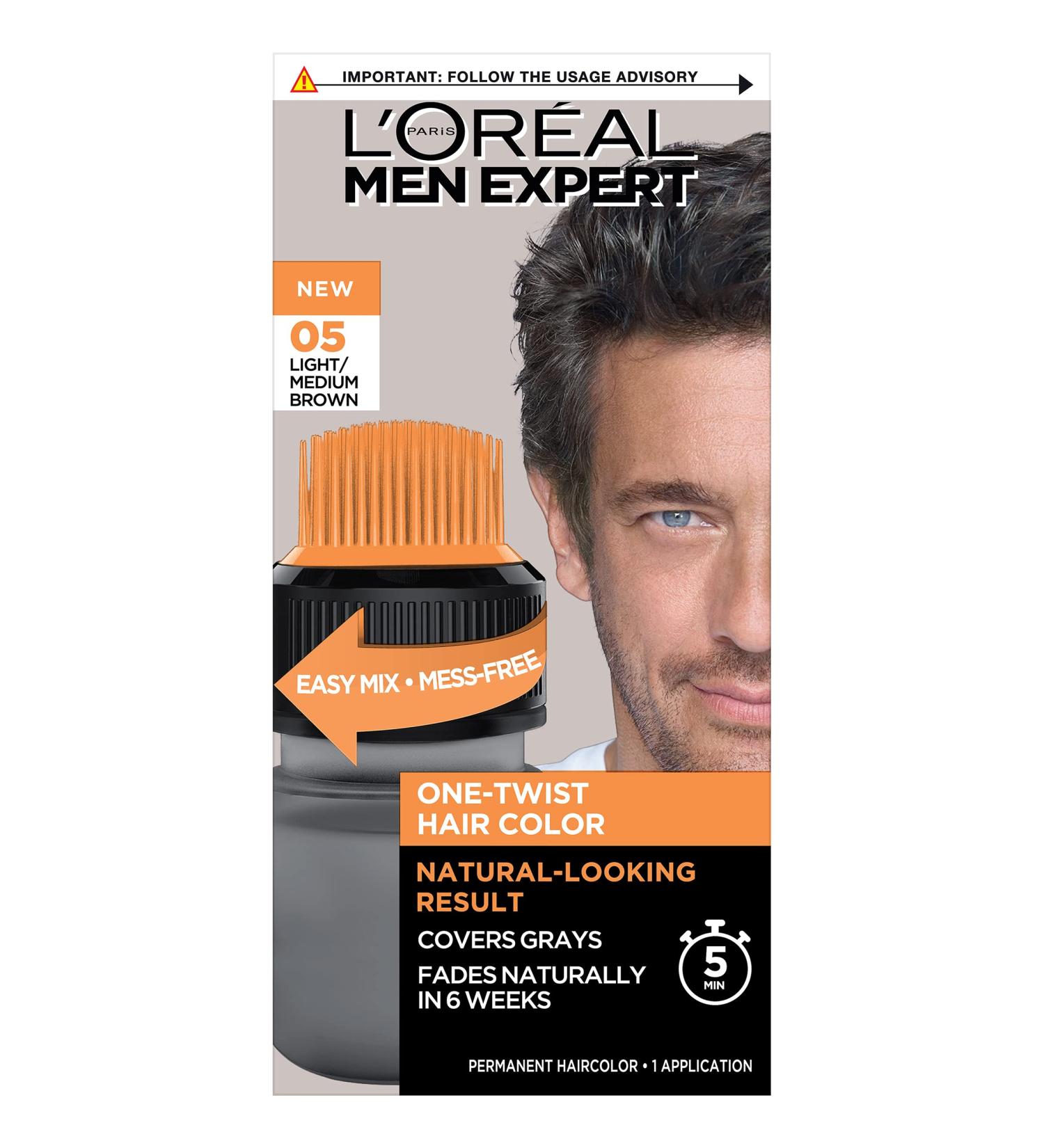 L'Oreal Paris Men Expert One Twist Mess Free Hair Color Light/Medium Brown 05 - Ammonia Free Dye for Gray Coverage - 1 Application Kit - Buy Online on GoSupps.com