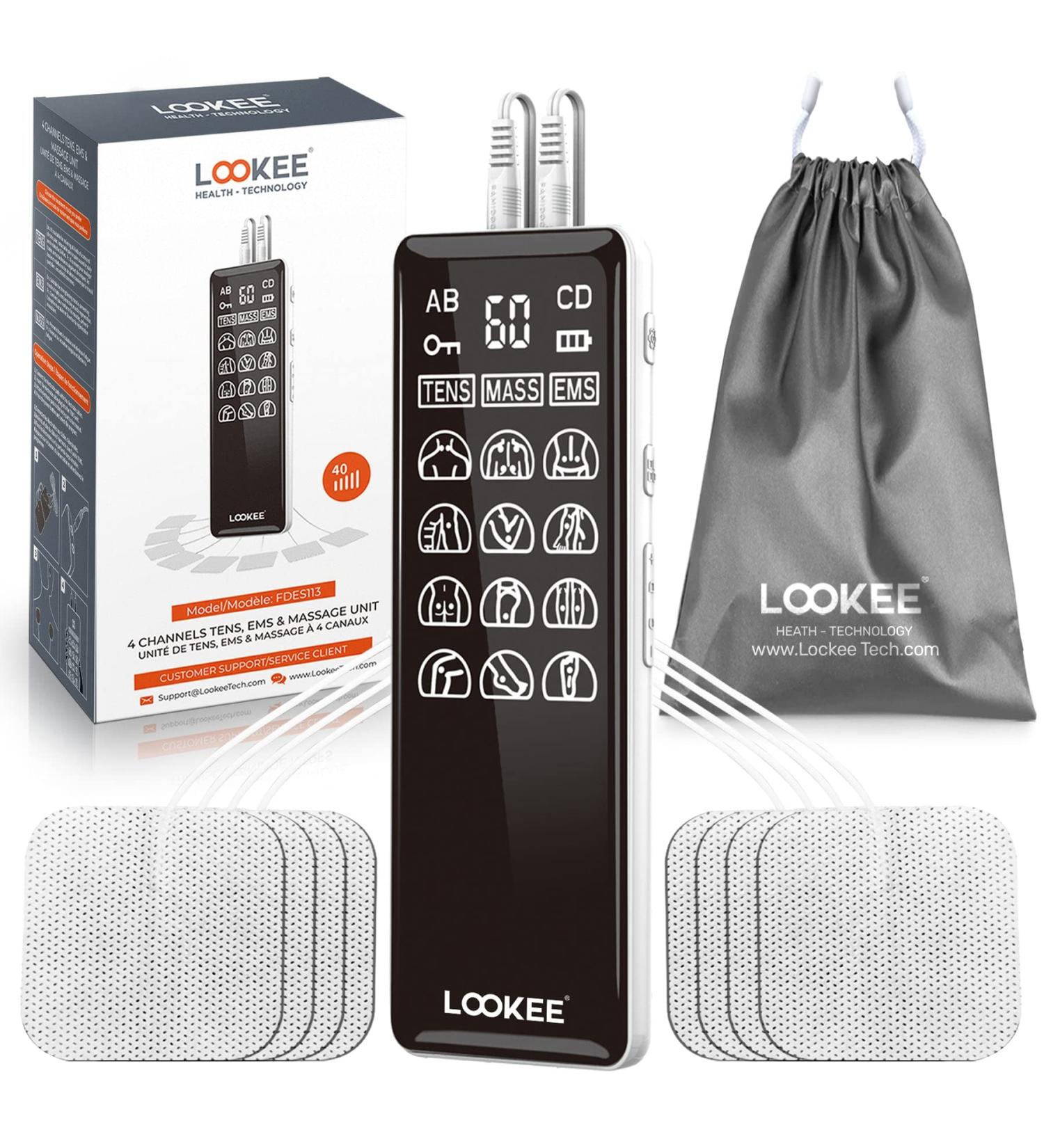 LOOKEE Premium LED 4-Channel TENS Unit EMS Muscle Stimulator - Pain Relief Therapy 36 Programs FSA/HSA Eligible - Buy Online on GoSupps.com