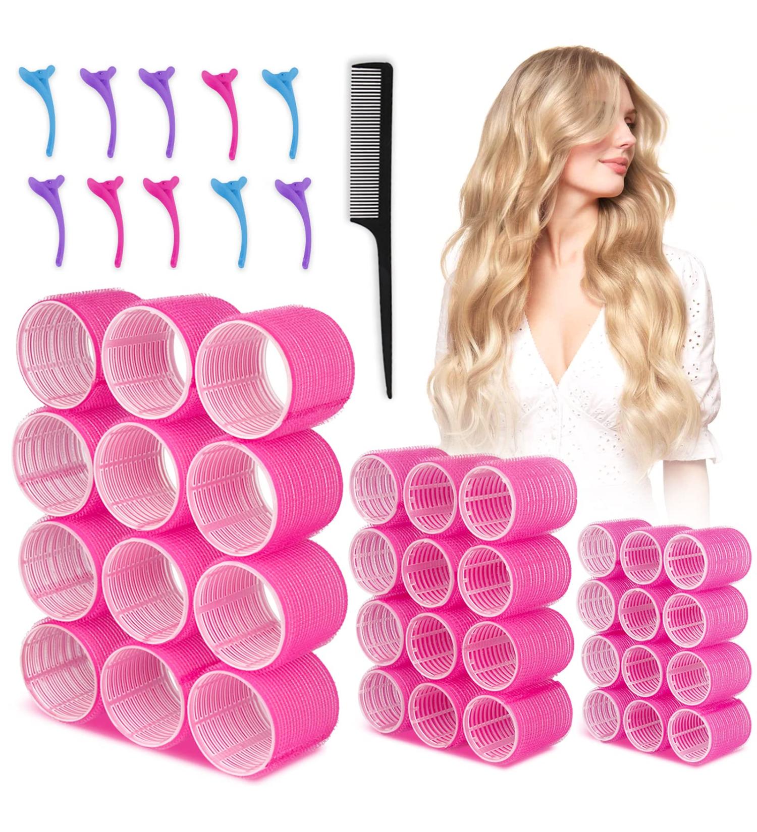Jumbo Hair Rollers Set for Long Hair - 47pc Self-Grip Curlers with Clips & Comb in Rose Red - No Heat, 3 Sizes - Ideal for Long, Medium, Short Hair - Buy Online on GoSupps.com
