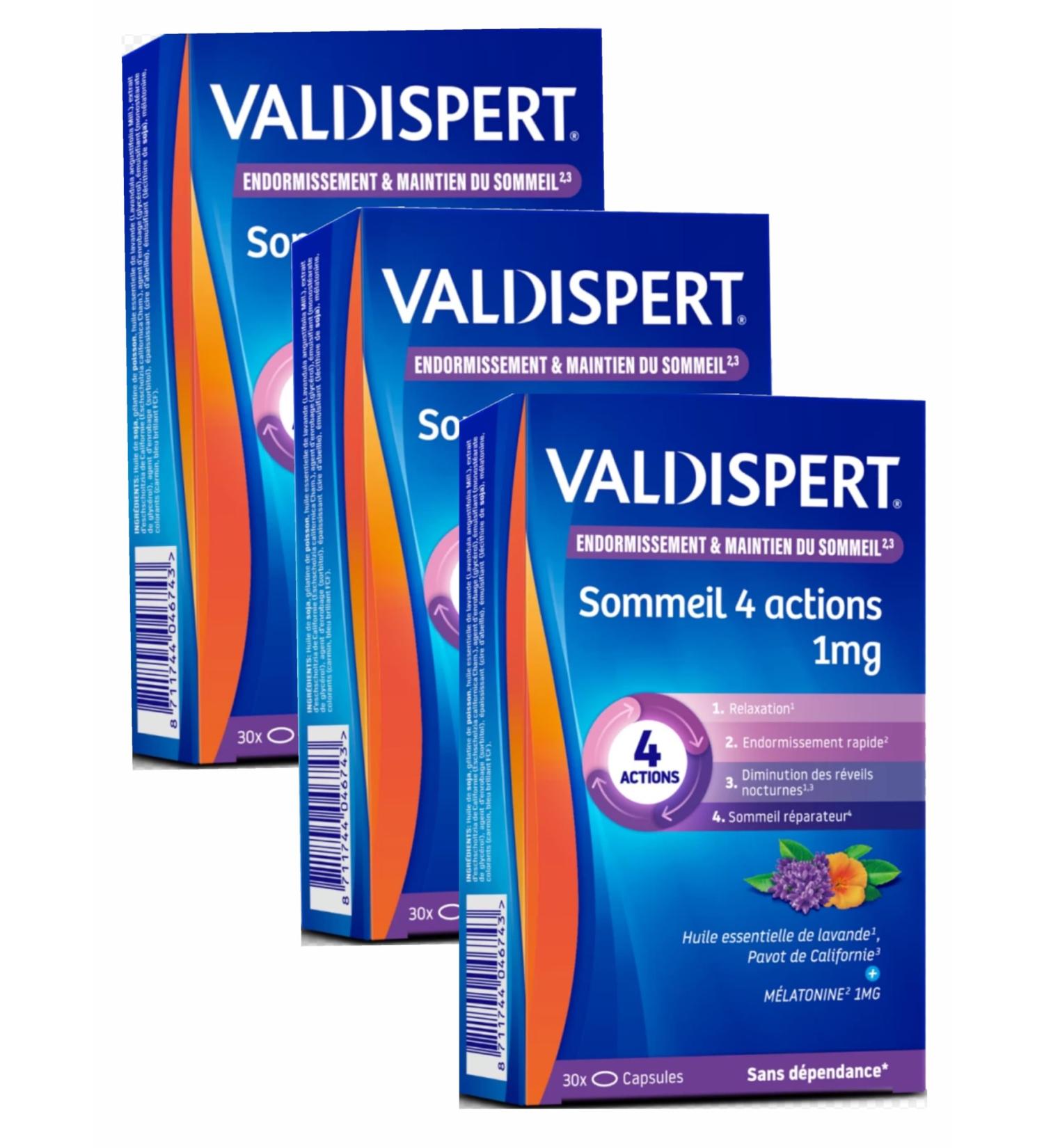 VALDISPERT - Melatonin 1 mg - 4 ACTIONS: SLEEPING # RELAXATION # DECREASE OF NIGHT CLOCKS # QUALITY SLEEP - 3 MONTHS OF TREATMENT - 3 Boxes of 30 Capsules (3) - Buy Online on GoSupps.com