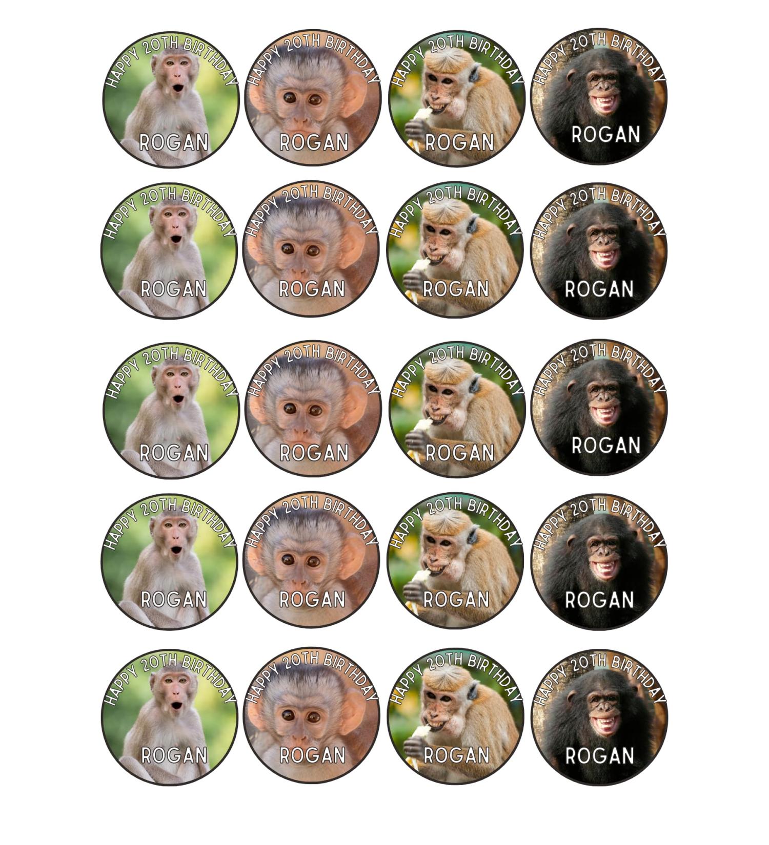 edible 20 x Animal MONKEY Personalised cupcake toppers UNCUT (WAFER CARD)