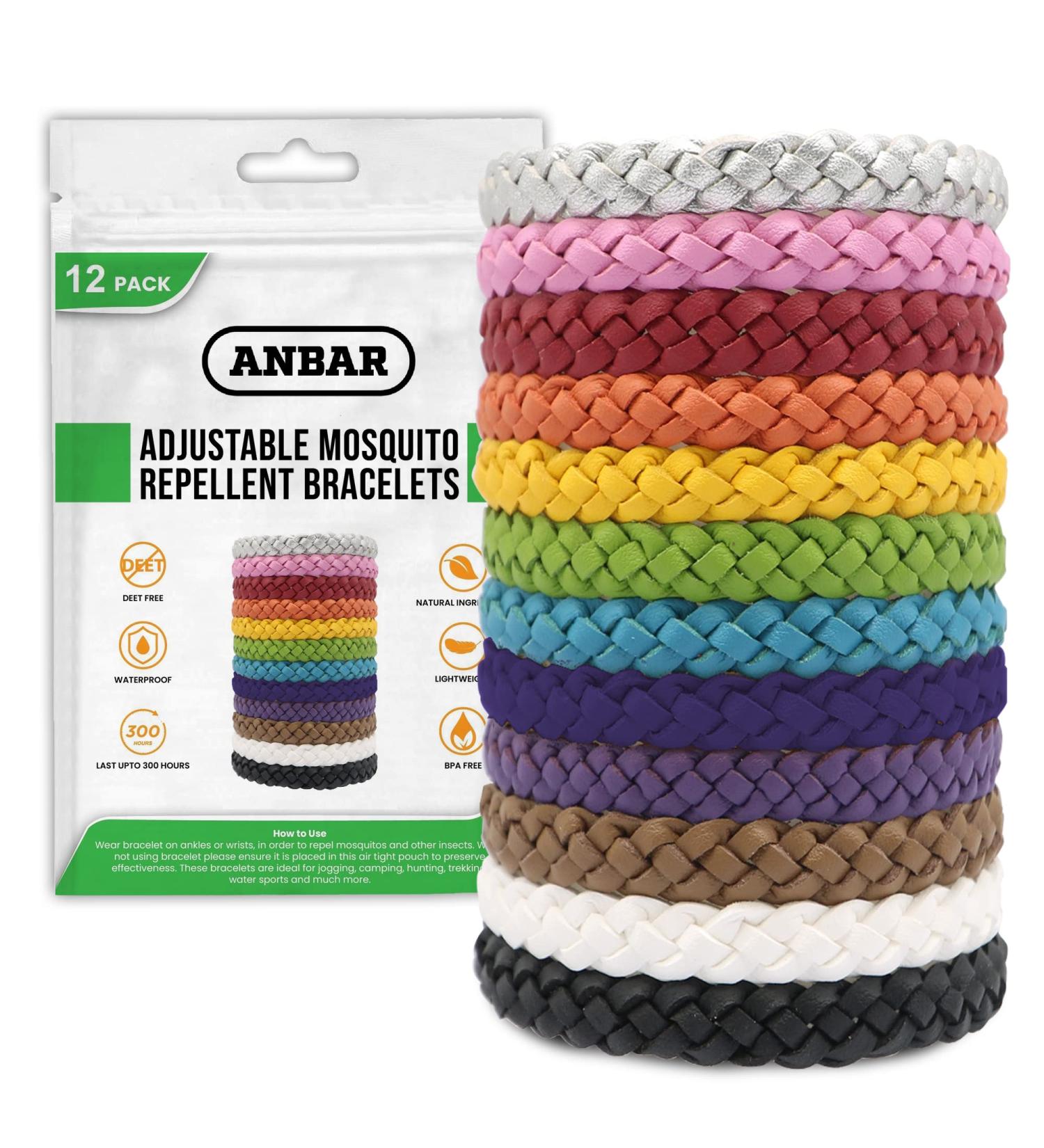 Anbar Leather Mosquito Repellent Bracelets for Adults and Kids 12 Pack Deet Free All-Natural Anti-Mosquito Tick and Insect Essential Oils 300-Hour Waterproof Outdoor Protection (Solid) - Buy Online on GoSupps.com