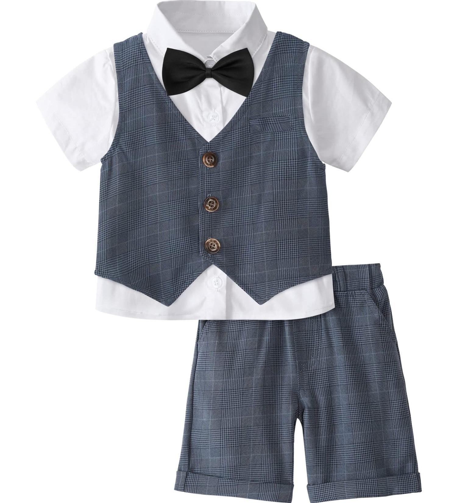 Mint Green Baby Boys Gentleman Suit Set | Shirt, Bowtie, Waistcoat & Shorts | Navy Blue | Size 2-3 Years - Buy Online on GoSupps.com