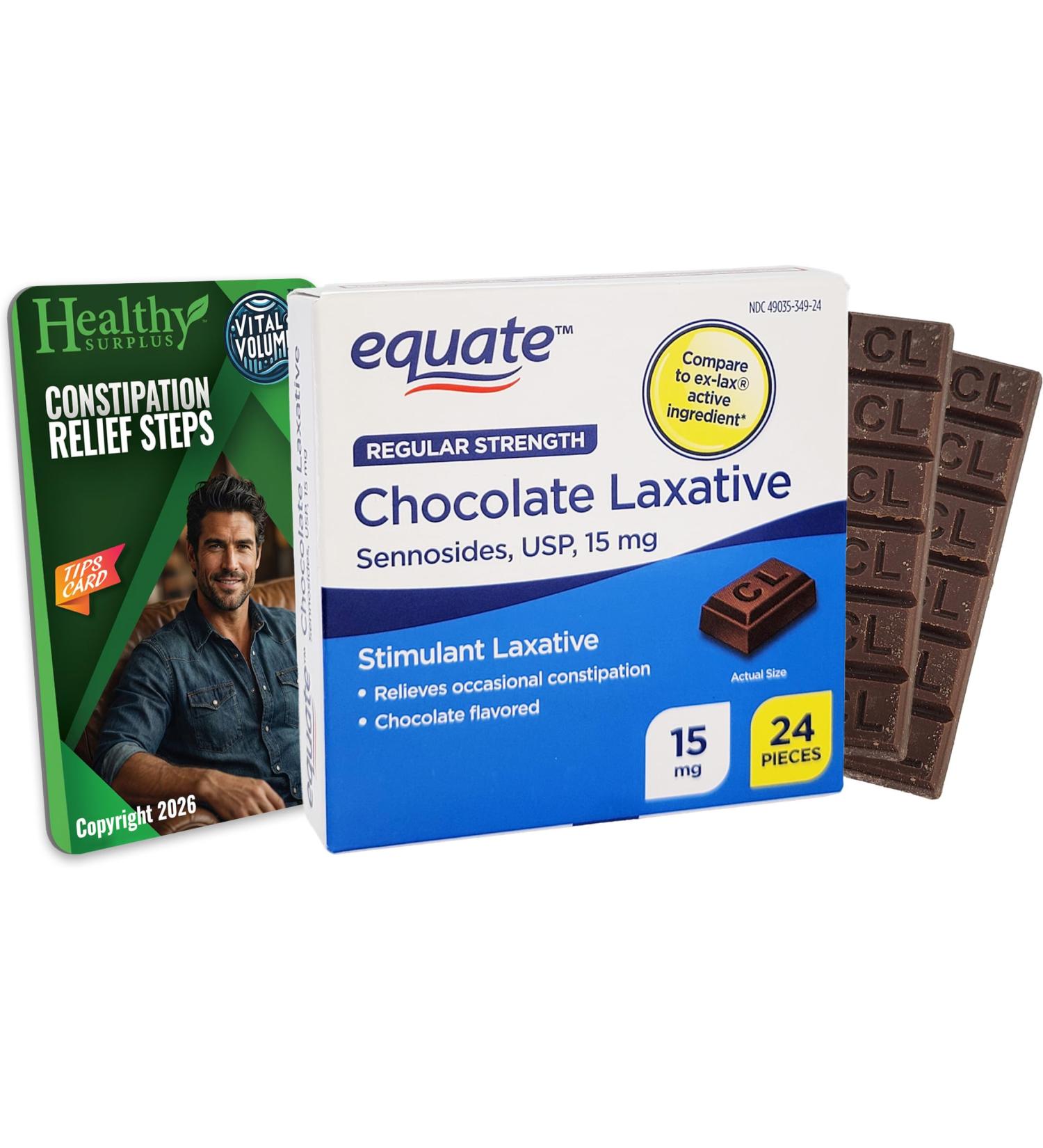 Healthy Surplus Equate Chocolate Laxative Sennosides USP 15 mg - 24 Pieces and Vital Volumes Constipation Relief Steps Tips Card - Buy Online on GoSupps.com