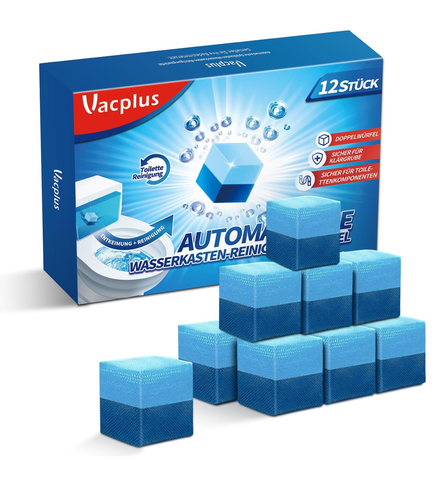 Vacplus WC Cleaner Duo-Active Cleaning Cubes for Water Tanks 12 Pieces Extra Strong Prevents Limescale & Dirt Blue
