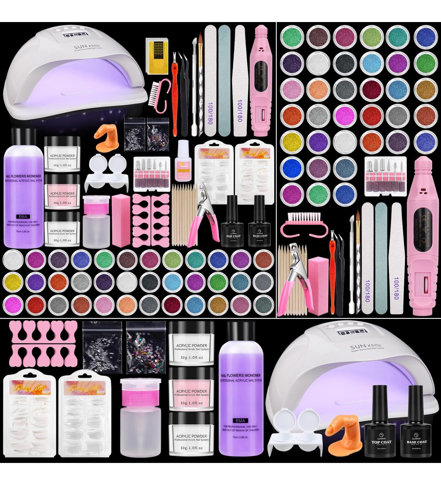 Acrylic Nail Kit with Drill and Lamp: 3 Colors 30G Acrylic Powder Nail Set - 36 Colored Glitter Powder Nail Art Tools Extension Kits Full Set for Beginners - Buy Online on GoSupps.com