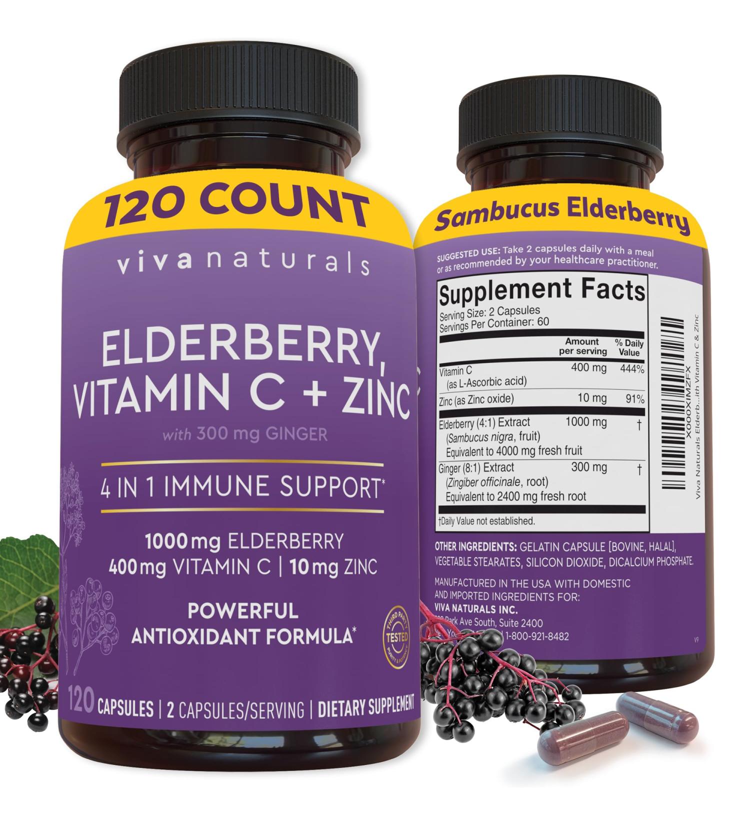 Viva Naturals Elderberry with Vitamin C and Zinc (120 Capsules) - 1000mg Sambucus Elderberry Immune Support Supplement Black Elderberry Capsules for Adults Elderberry Vitamins - 2 Months Supply 120 Count (Pack of 1) - Buy Online on GoSupps.com