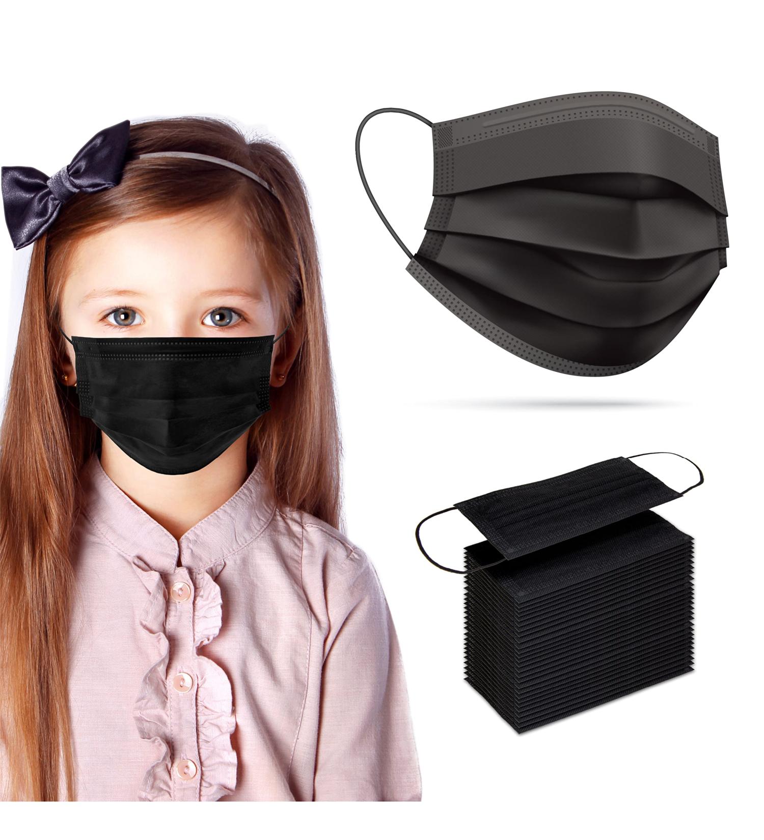 Pack Of 100 kids Disposable Face Masks Boys and Girls 3-Ply Masks | Facial Cover with Elastic Earloops For Childcare School (Black) 100 Black Masks