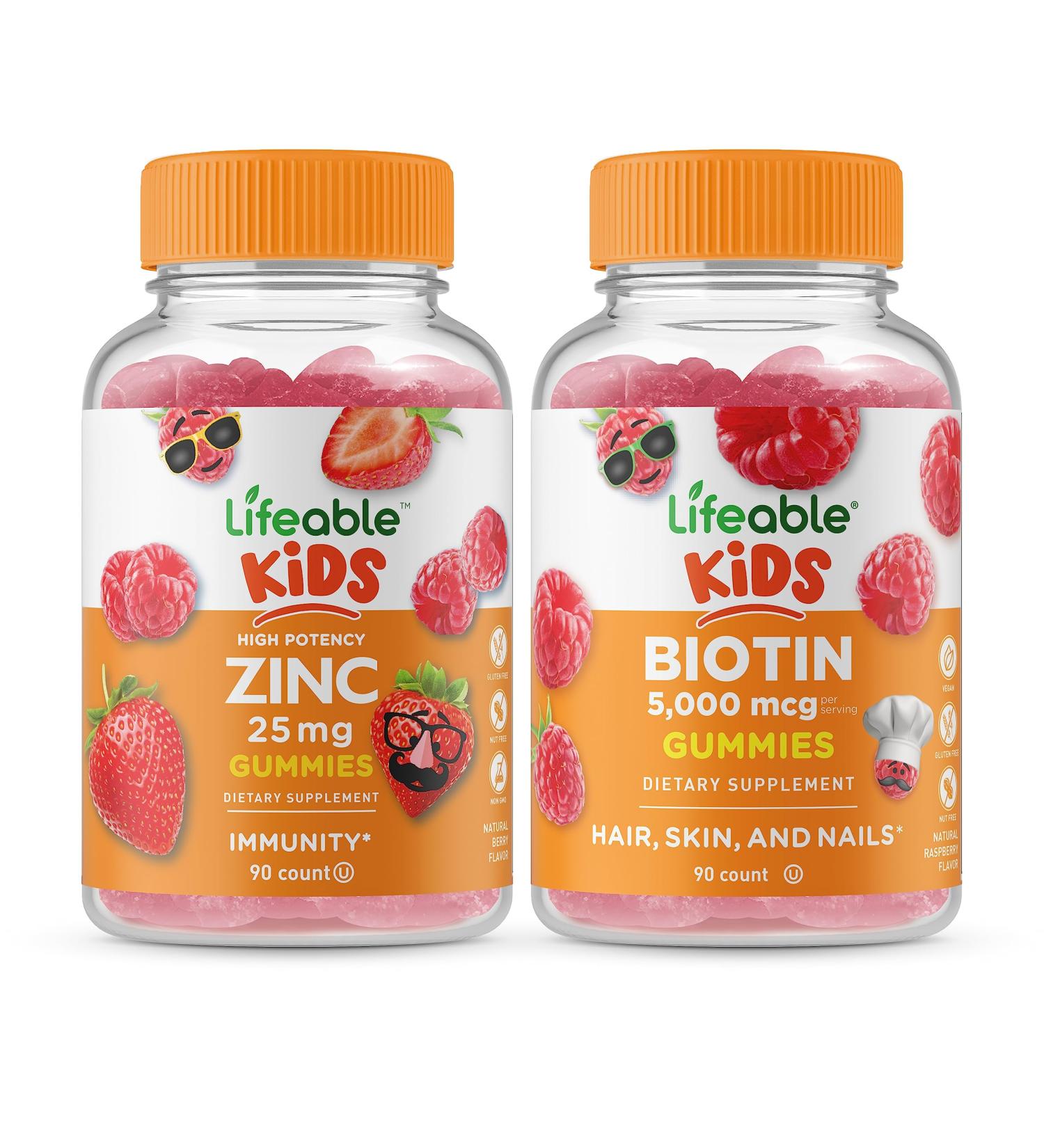 Lifeable Zinc 25mg Kids + Biotin Kids Gummies Bundle - Great Tasting Vitamin Supplement Gluten Free GMO Free Chewable Gummy - Buy Online on GoSupps.com