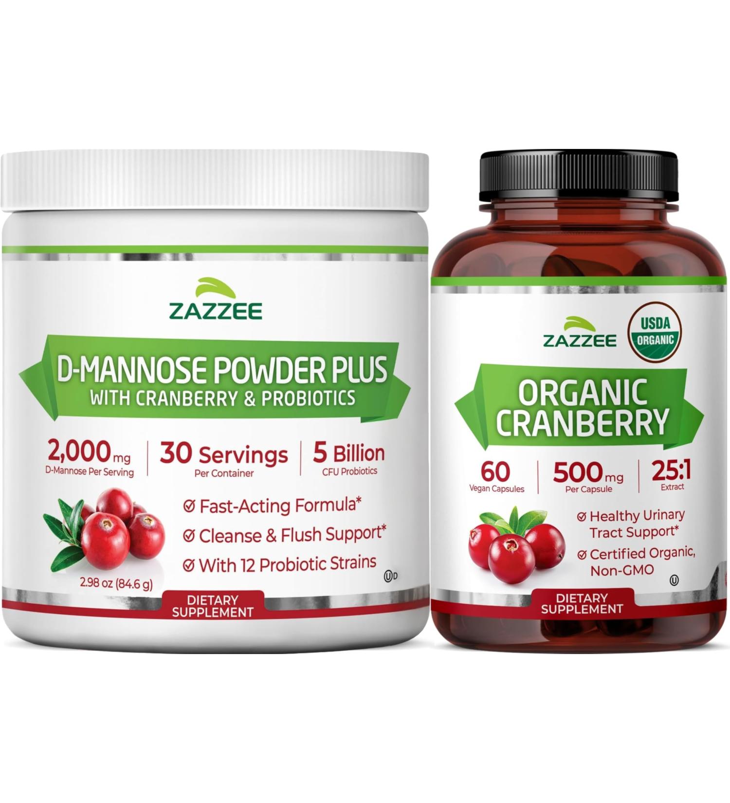 Zazzee Urinary Tract Cleanse Bundle | Fast Acting Probiotic Cranberry D Mannose Powder Plus USDA Organic Cranberry Extract Capsules for Women | Non-GMO Vegan & ISO Lab Tested - Buy Online on GoSupps.com