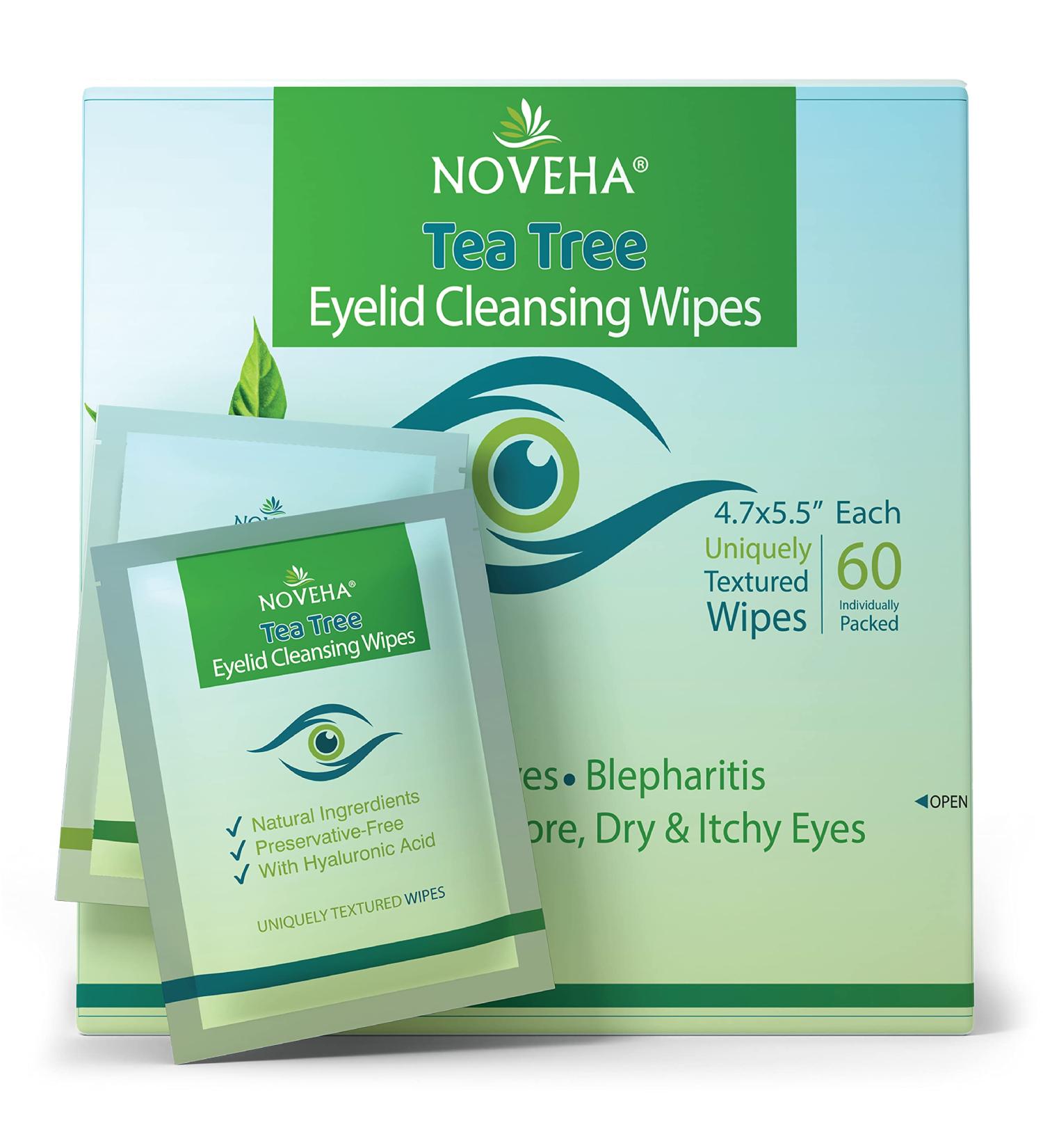 Noveha Tea Tree Oil Eyelid & Lash Wipes with Hyaluronic Acid for Blepharitis, Itchy Eyes & Makeup Removal - 60 Count - Buy Online on GoSupps.com