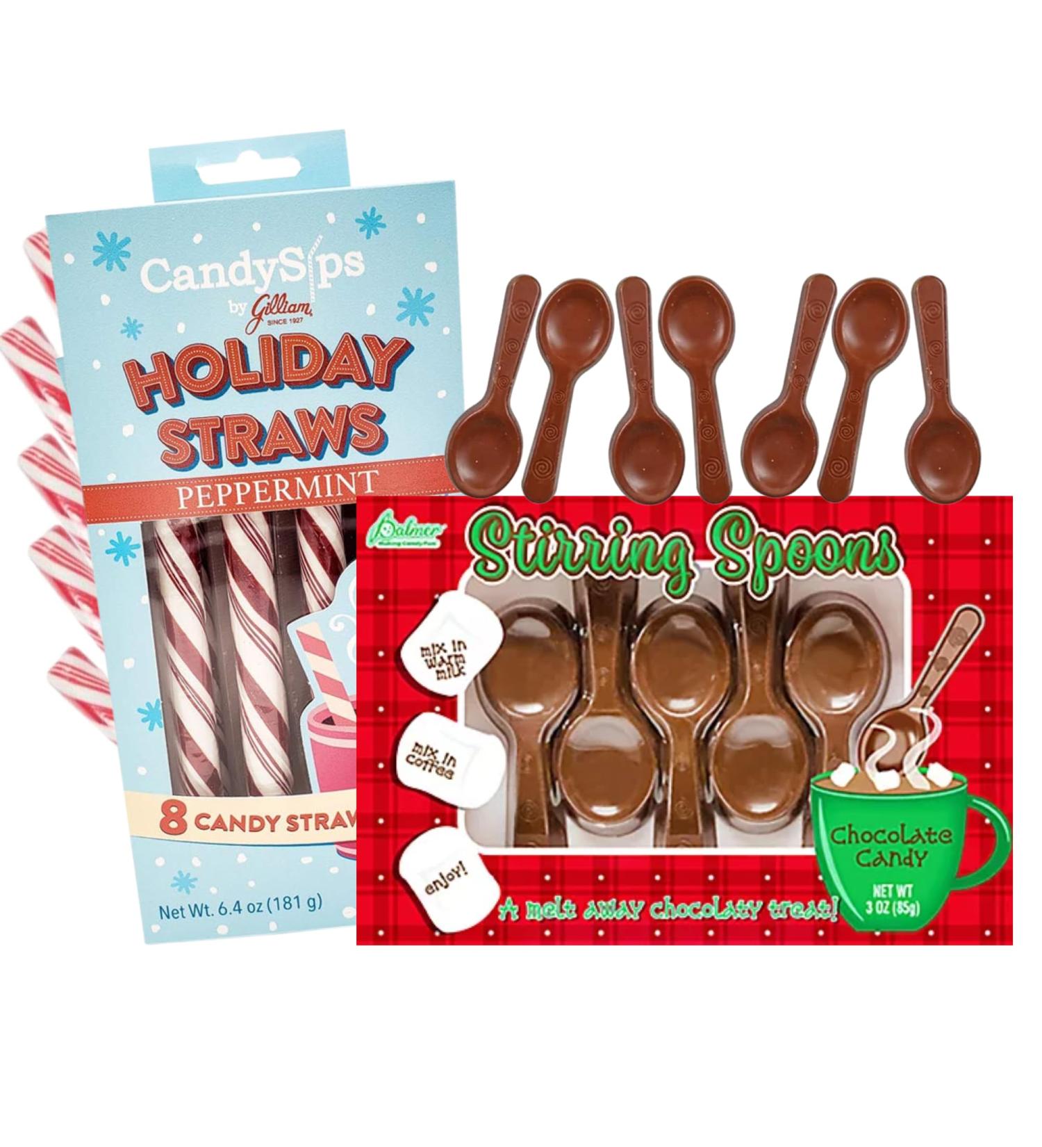 Peppermint Candy Cane Sip Straws with Belgian Milk Chocolate Stirring Spoon Hot Cocoa Bar Supplies Christmas Stocking Stuffer Treats for Adults and Kids Pack of 2 - Buy Online on GoSupps.com