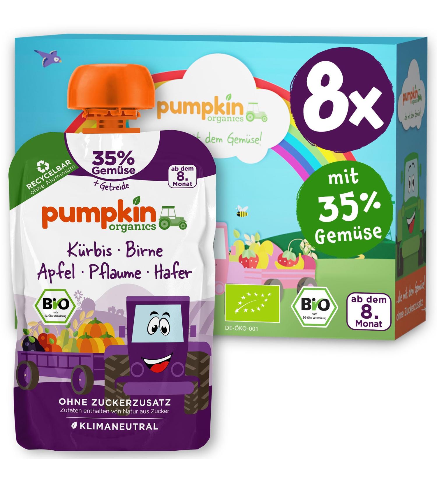 Pumpkin Organics Bio Vegetable Cereal Quets - Baby Food (8x100g) | No Added Sugar Vegetarian 8+ Months - Pumpkin Pear Apple Plum Oats - Buy Online on GoSupps.com