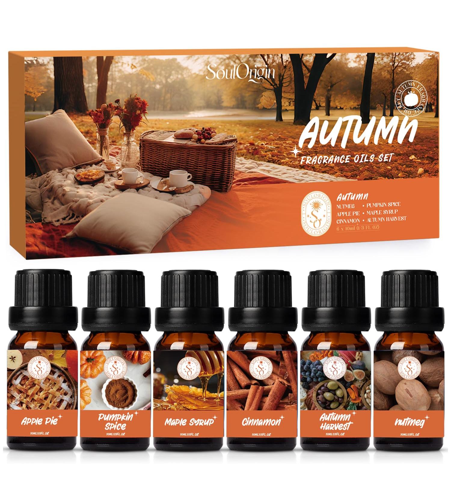 SoulOrigin Autumn Essential Oils Set Fragrance Oil Gift Set for Oil Diffusers for Home Soap Candle Making Scents 6x10ml - Pumpkin Spice Nutmeg Apple Pie Autumn Harvest Cinnamon and Maple Syrup - Buy Online on GoSupps.com