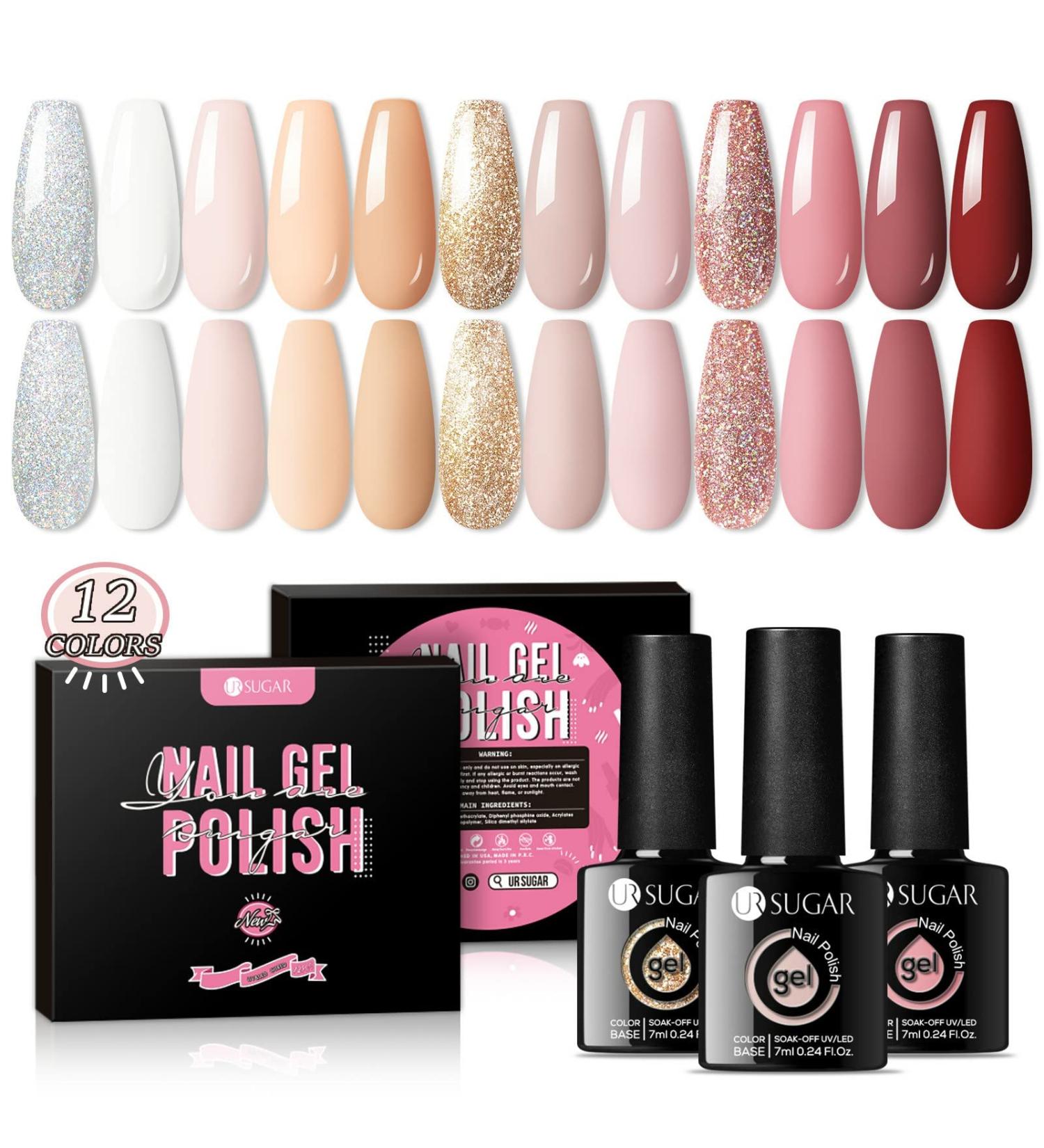UR SUGAR Nude Gel Nail Polish Set - 12 Colours for French Manicure, All Seasons, Soak Off Varnish - Perfect Gifts for Women at Home, Wedding, Salon - Pink, White, Beige, Silver Glitter - Buy Online on GoSupps.com