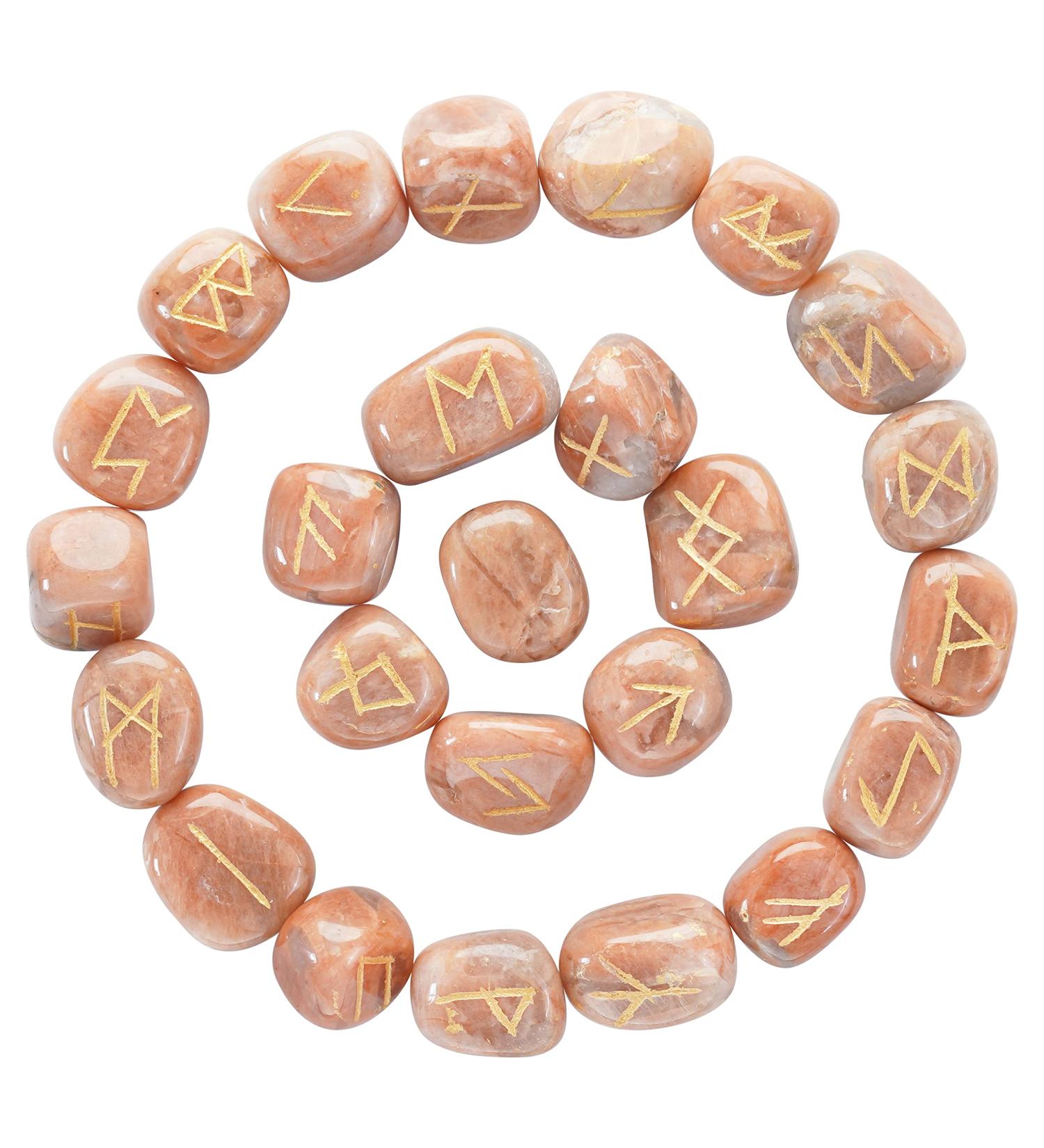 Crocon Peach moonstone Rune Tumble Shape Gemstone Rune with Elder Futhark Alphabet Engraved 25 pcs Runes Set Crystal Divination Healing Chakra Reiki with a Pouch Size : 15-20 mm - Buy Online on GoSupps.com