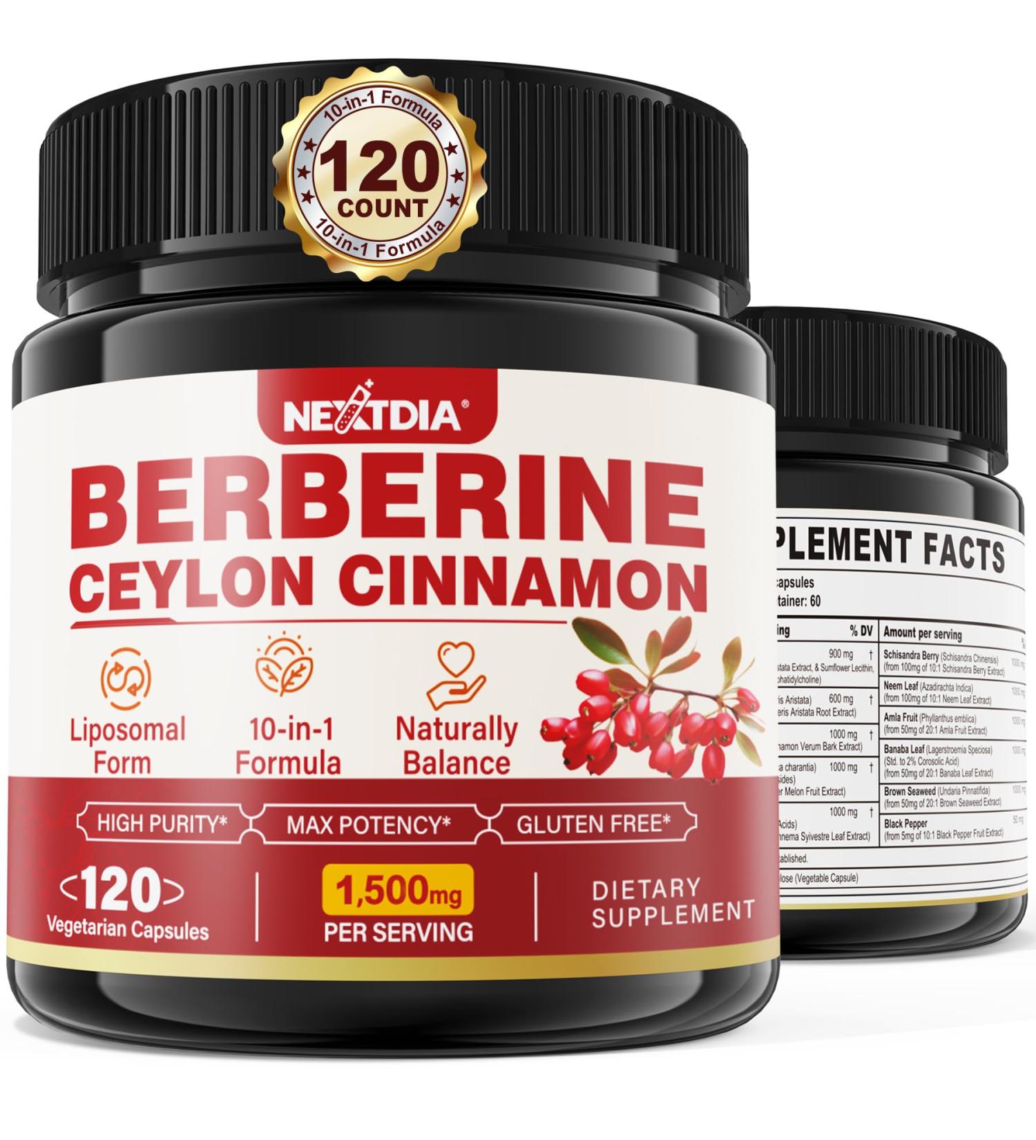 Berberine Supplement Organic 1500mg with Ceylon Cinnamon Bitter Melon Liposomal Berberine HCL Complex Supplements Immune & Digestive Support - Non-GMO Organic Vegan Berberine Capsules 120Cts 120 Count (Pack of 1) - Buy Online on GoSupps.com
