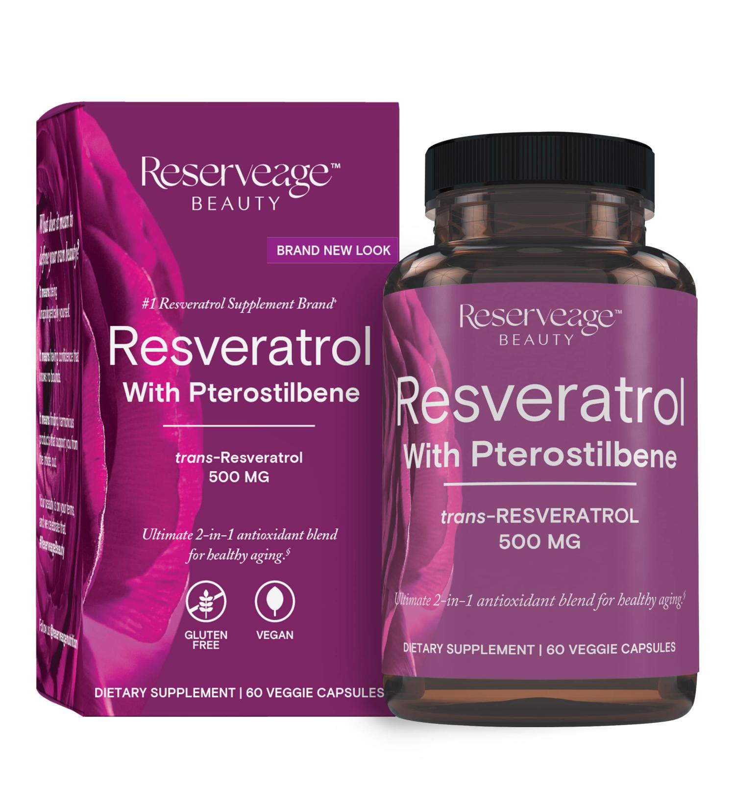 Reserveage 500mg Resveratrol with Pterostilbene | Antioxidant Supplement for Cardiovascular Health | Supports Healthy Aging | 60 Capsules - Buy Online on GoSupps.com