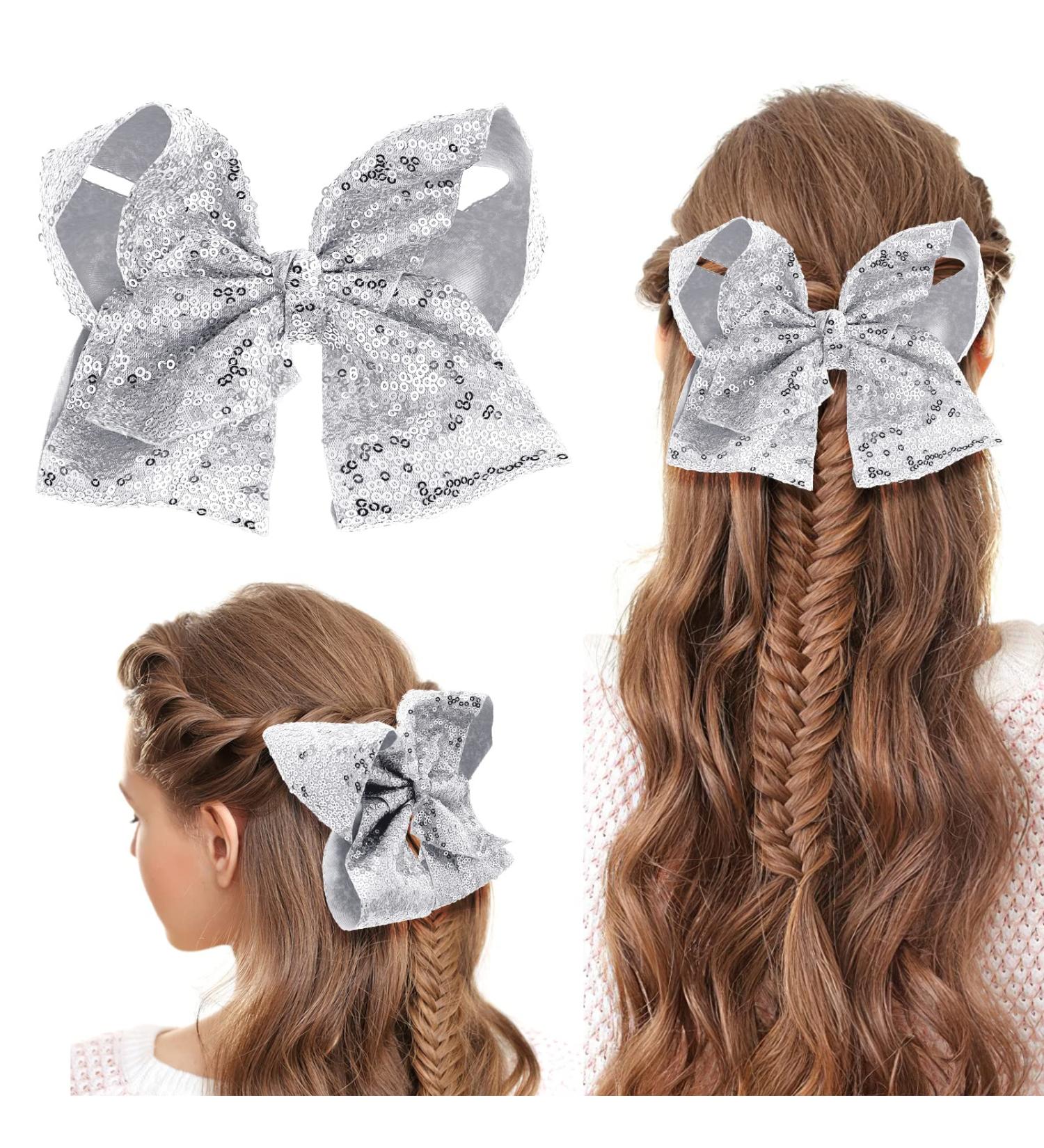 Sibba 8 Inch Sequin Hair Bow Clip for Girls and Women - Silver Glitter Oversized Barrette for Pigtail Hairstyles - Sweet Accessory - Buy Online on GoSupps.com