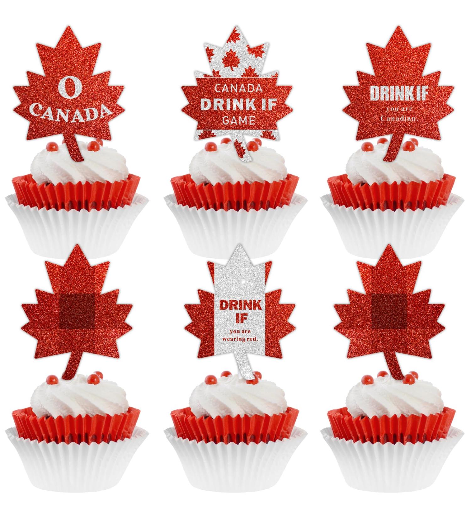Red Glitter Canada Day Cupcake Toppers Set of 18 - This is a perfect Canada Day on July 1st: a baby shower party and themed birthday party decoration for boys and girls - SugarGera - Buy Online on GoSupps.com