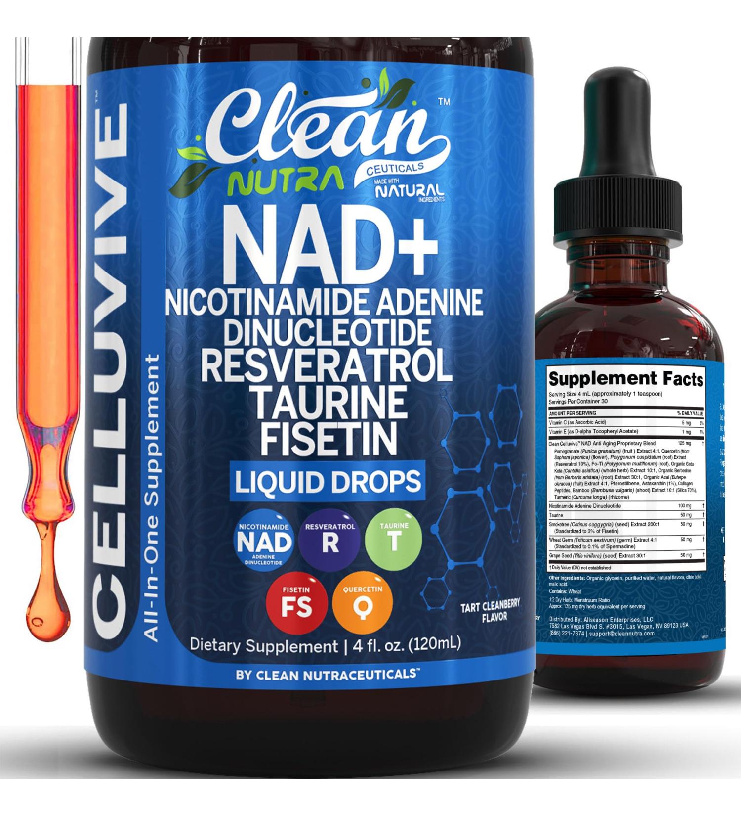 Clean Nutra NAD Liquid Supplement Drops Resveratrol Polyphenols Liposomal Taurine Fisetin Grape Seed Extract Japanese Knotweed Fo Ti Anti Aging NAD+ Nicotinamide Adenine Dinucleotide for Women & Men - Buy Online on GoSupps.com