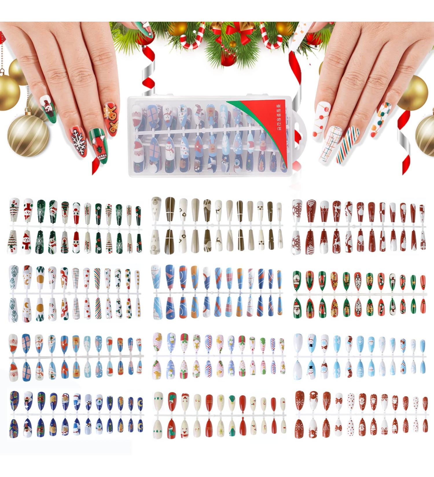 288 Pieces Christmas False Nails Full Cover Press on Christmas False Nail Tips Snowman Christmas Tree Elk Snowflake Patterns Christmas Nail Art Decorations for Women Girls - Buy Online on GoSupps.com