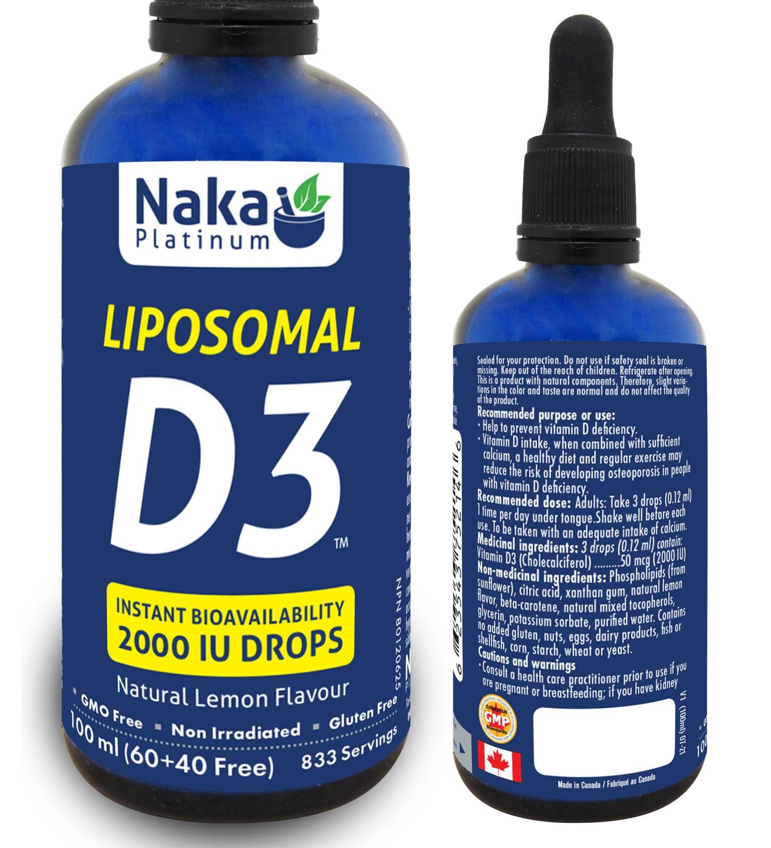 Naka Platinum Liposomal Vitamin D3 INSTANT BIOAVAILABILITY 2000 IU DROPS Natural Lemon Flavour Made in Canada (100ml) - Buy Online on GoSupps.com