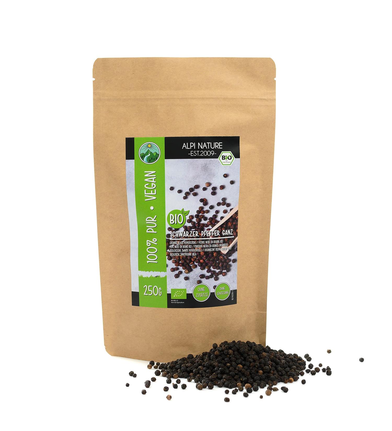 Certified Organic Whole Black Pepper Corns 250g (8.8oz) - Gluten-Free, Vegan, Natural - Buy Online on GoSupps.com