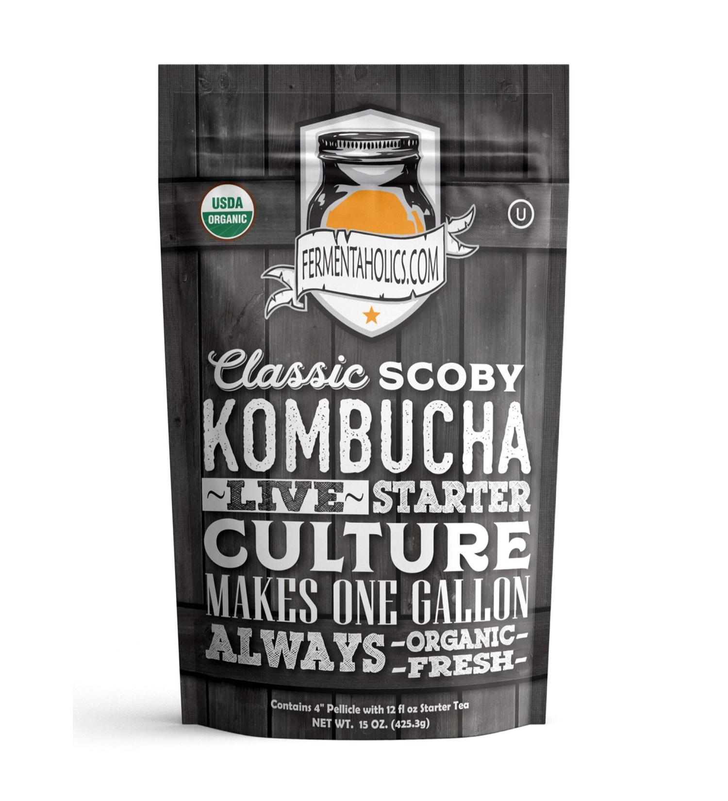 Organic Fermentaholics Kombucha SCOBY with 12oz Starter Tea - Live Culture for 1 Gallon Batch - Buy Online on GoSupps.com