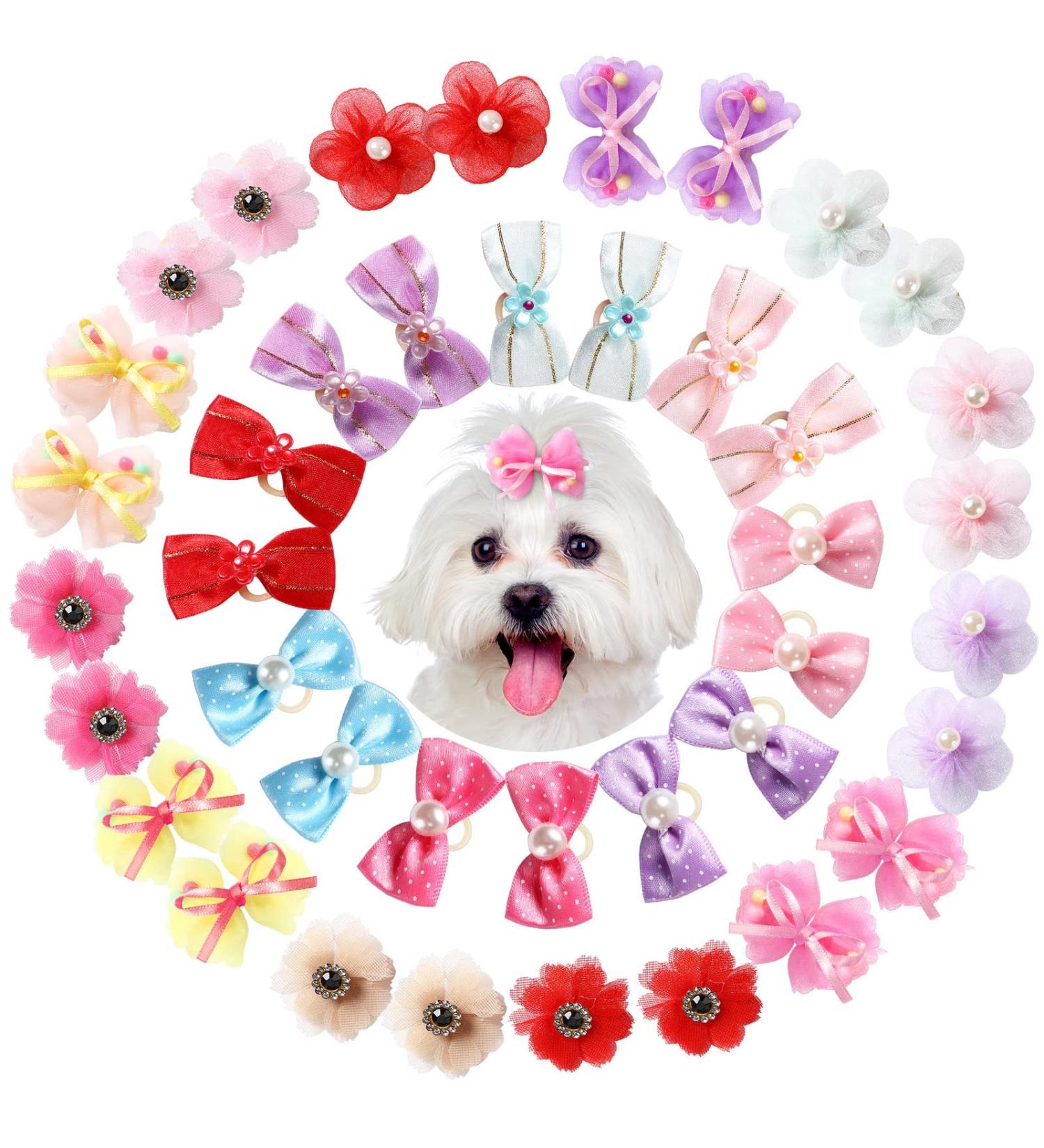 40 Pieces Handmade Dog Bows | Cute Puppy Hair Accessories with Rubber Bands, Lace, Organza, Rhinestone & Pearls | Multicolor Grooming Bows - Buy Online on GoSupps.com