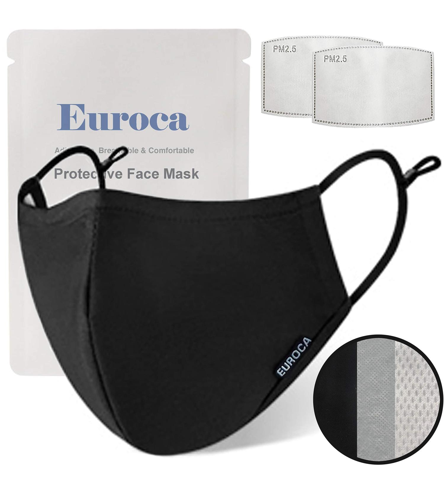 Euroca 3 Layers Face Masks Reusable Washable Breathable Made from Cotton Fabric With Nose Clip for Adult Black - Buy Online on GoSupps.com