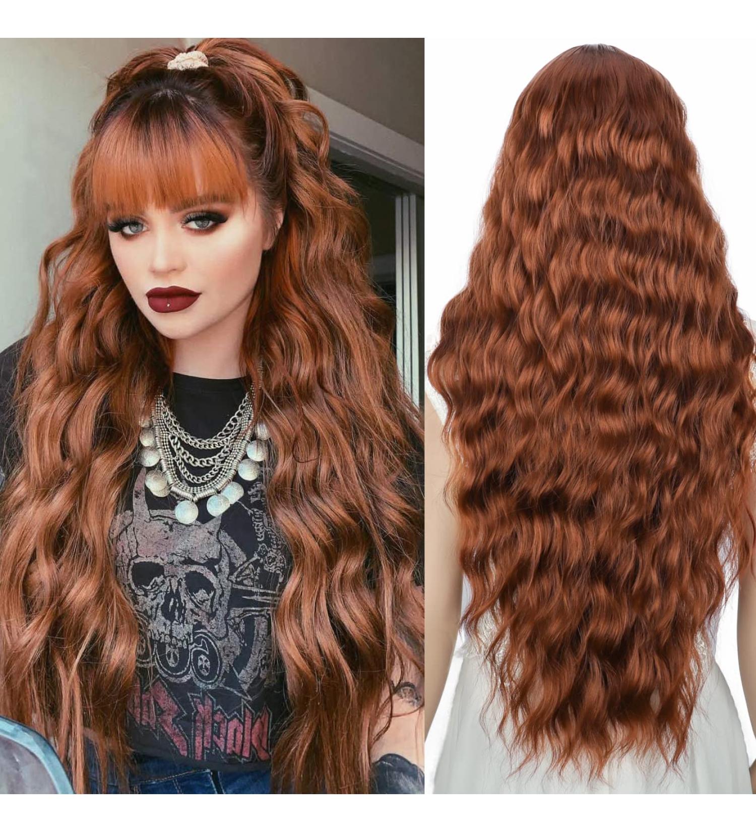 YEESHEDO Long Brown Wig with Bangs - Natural Wave Synthetic Wavy Curly Wig 28 Heat Resistant Fiber - Honey Brown Women's Wig - Buy Online on GoSupps.com
