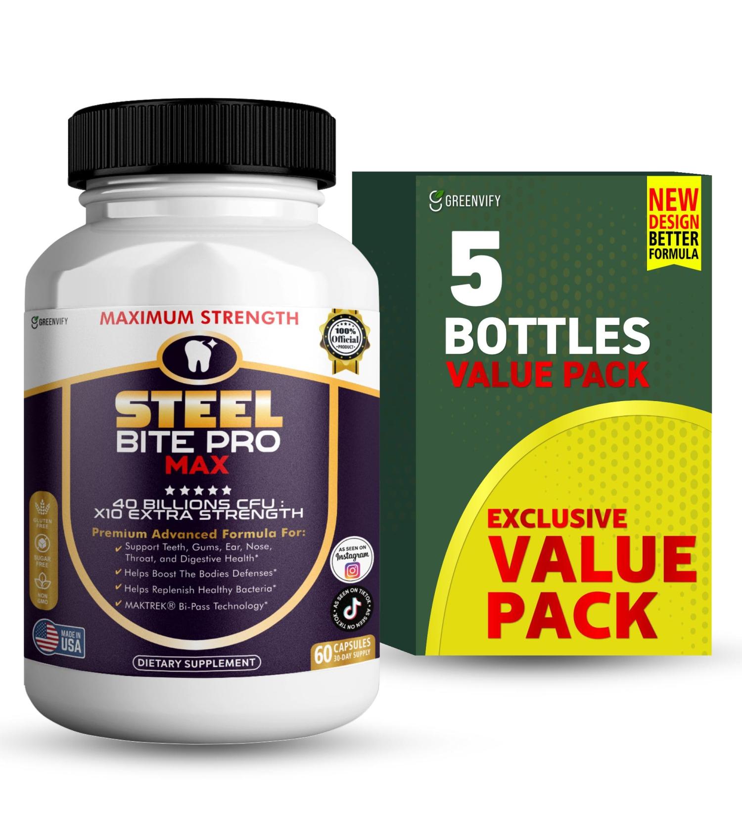 Steel Bite Pro Max Probiotic Supplement 40 Billion CFU 60 Capsules 30 Day Supply (5) - Buy Online on GoSupps.com