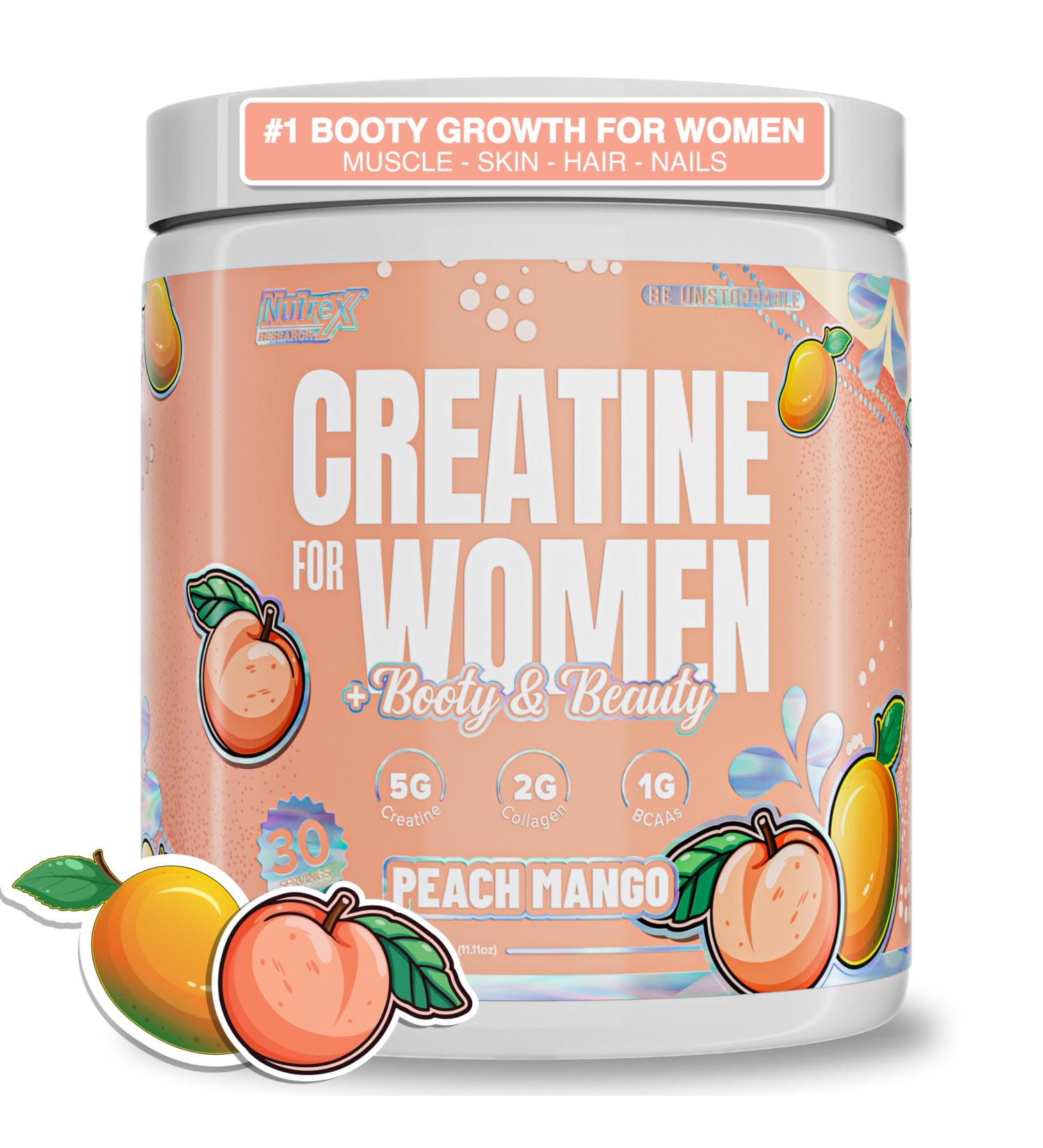 Nutrex Research Creatine for Women Booty & Beauty Peach Manago | 5g Creatine, 2g Collagen, BCAAs & Hyaluronic Acid for Glutes, Strength & Skin | Gluten Free, 30 Servings Peach Mango 13 Ounce (Pack of 1) - Buy Online on GoSupps.com