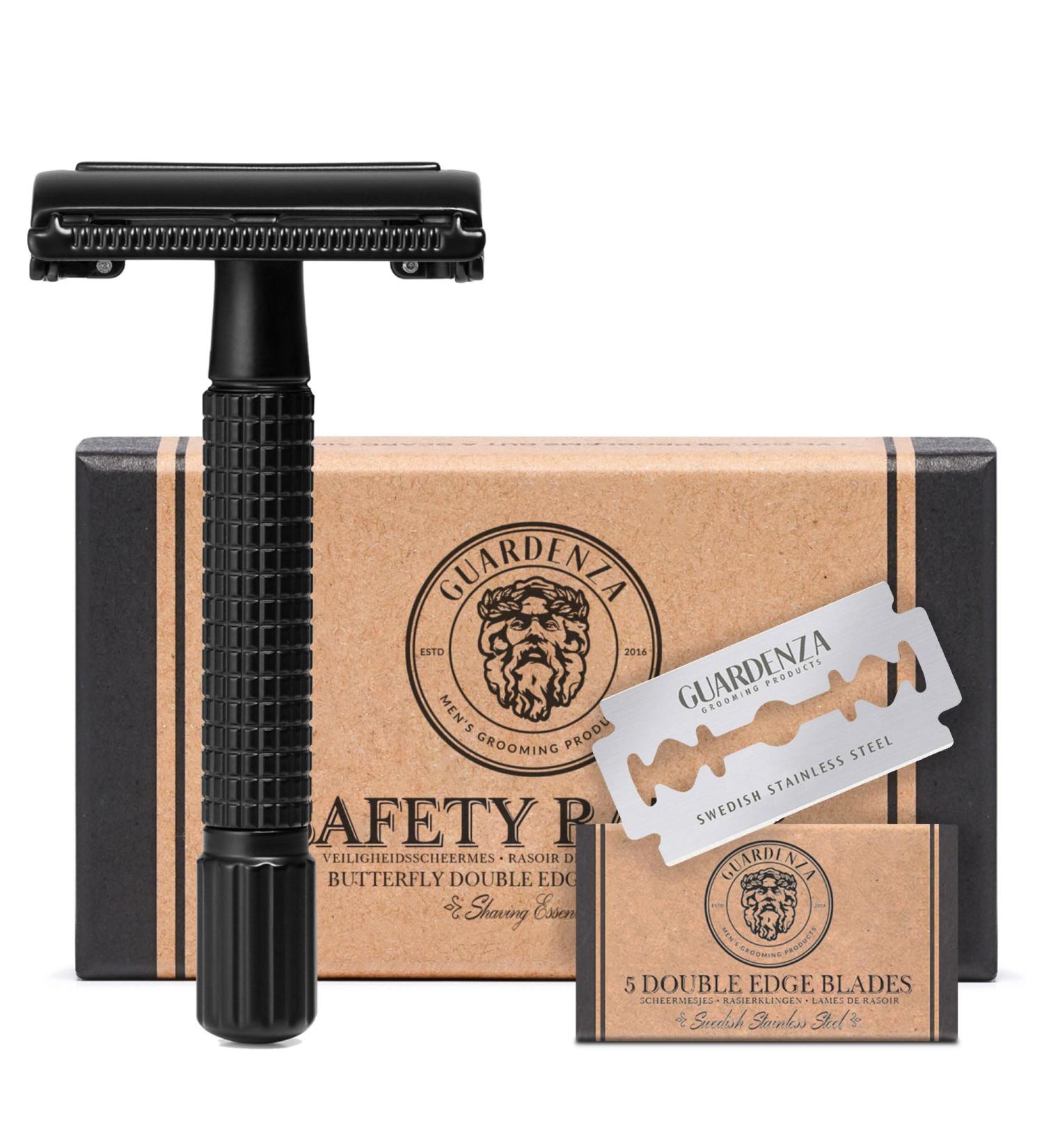 Guardenza Double-Edge Safety Razor Butterfly | Classic Matt Black Barber Razor with Blades | Premium Shaving Experience - Buy Online on GoSupps.com