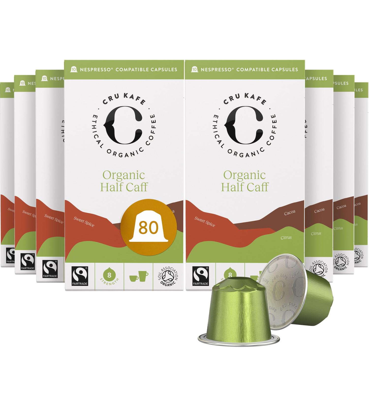 CRU Kafe "Half Caff" Nespresso Compatible Coffee Pods 80 Aluminium Capsules Organic Half Caff Coffee 10 count (Pack of 8) - Buy Online on GoSupps.com