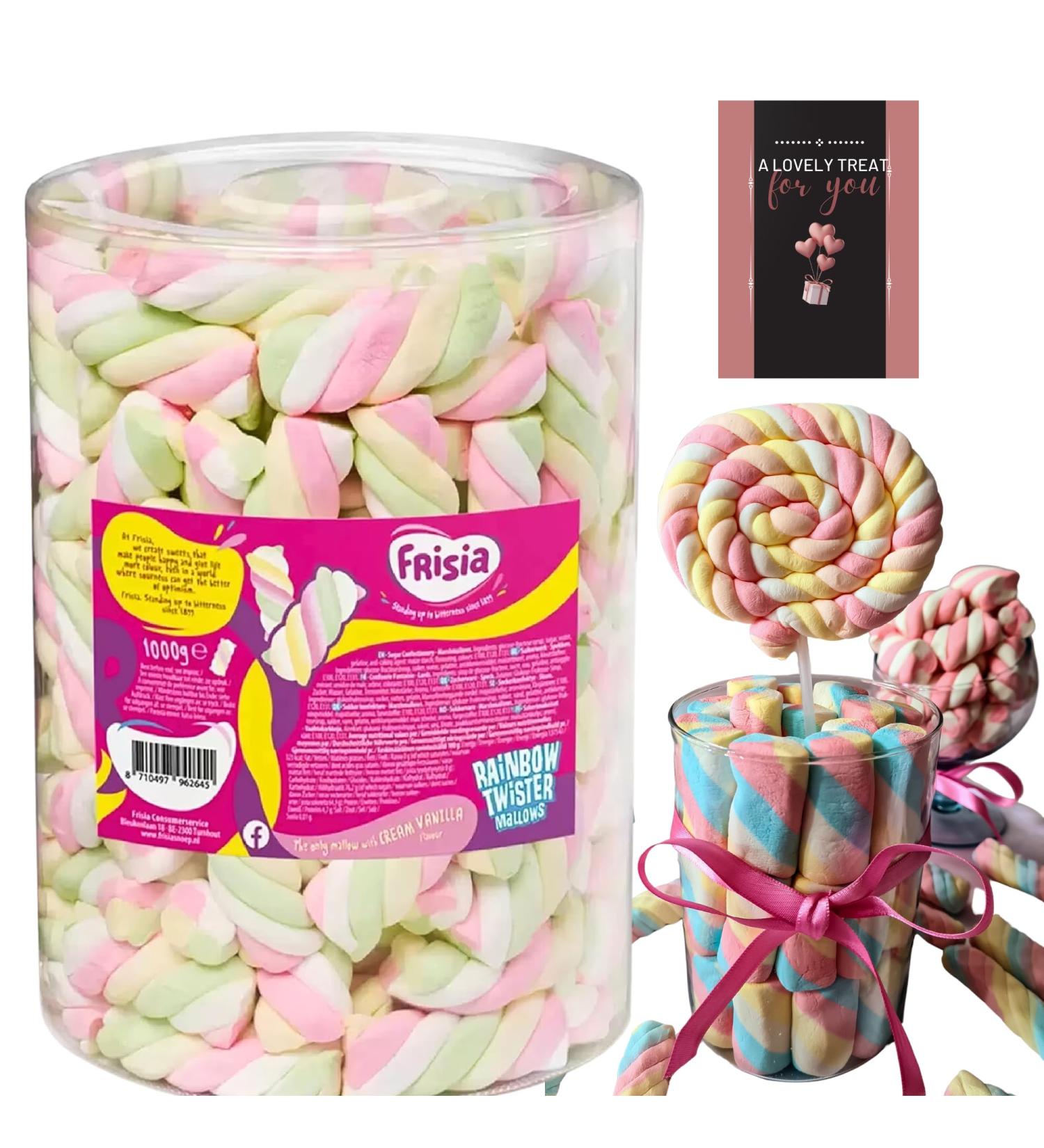 JOLAFUNBS Rainbow Marshmallow Sweets 680g Twister Cable Mallows Confectionery with Cream Vanilla Tub Bulk Sweets with Card. Kids Sweets for Easter Birthdays Camping Party Bag Fillers - Vegetarian - Buy Online on GoSupps.com